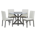 5 Piece Farmhouse Style Dining Table Set, Marble Sticker And Cross Bracket Pedestal Dining Table, And 4 Upholstered Chairs White Gray Upholstered Chair Wood White Gray Seats 4 Wood Dining Room