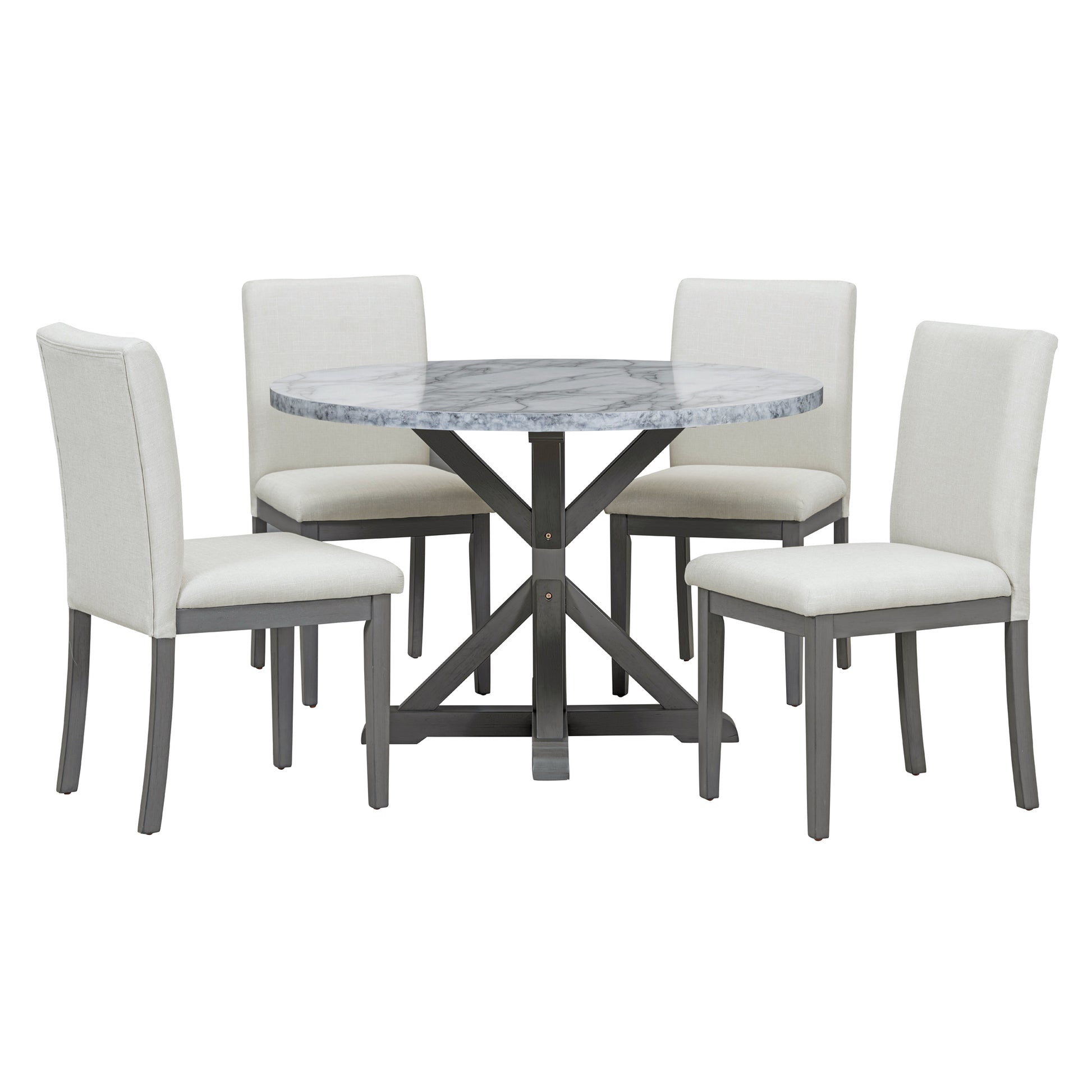 5 Piece Farmhouse Style Dining Table Set, Marble Sticker And Cross Bracket Pedestal Dining Table, And 4 Upholstered Chairs White Gray Upholstered Chair Wood White Gray Seats 4 Wood Dining Room