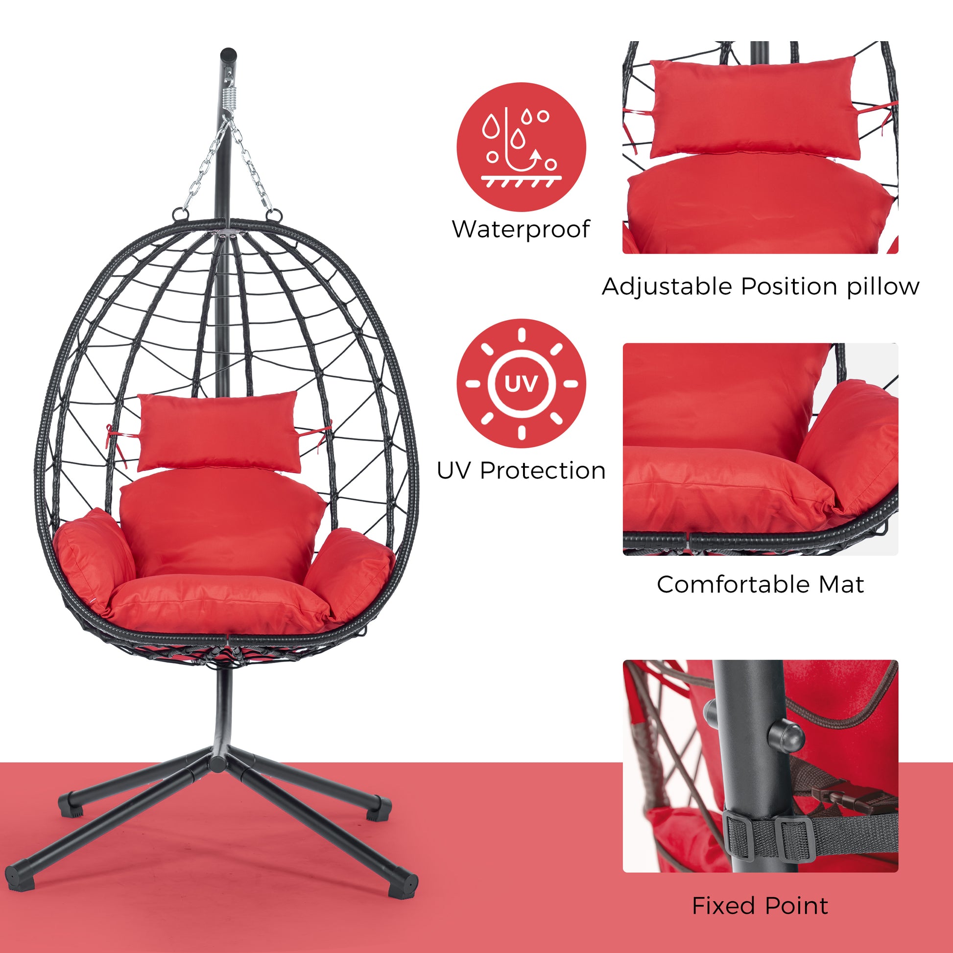 Egg Chair With Stand Indoor Outdoor Swing Chair Patio Wicker Hanging Egg Chair Hanging Basket Chair Hammock Chair With Stand For Bedroom Living Room Balcony Yes Sectional Red Water Resistant Frame Water Resistant Cushion Garden & Outdoor American Design