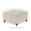 Large Square Storage Ottoman With Wooden Legs, Upholstered Button Tufted Coffee Table With Nail Trims For Living Space,Beige Espresso Wood Primary Living Space Black Solid Rubberwood Wood With Storage Beige Linen Linen Or Linen Blend Backless Medium Soft