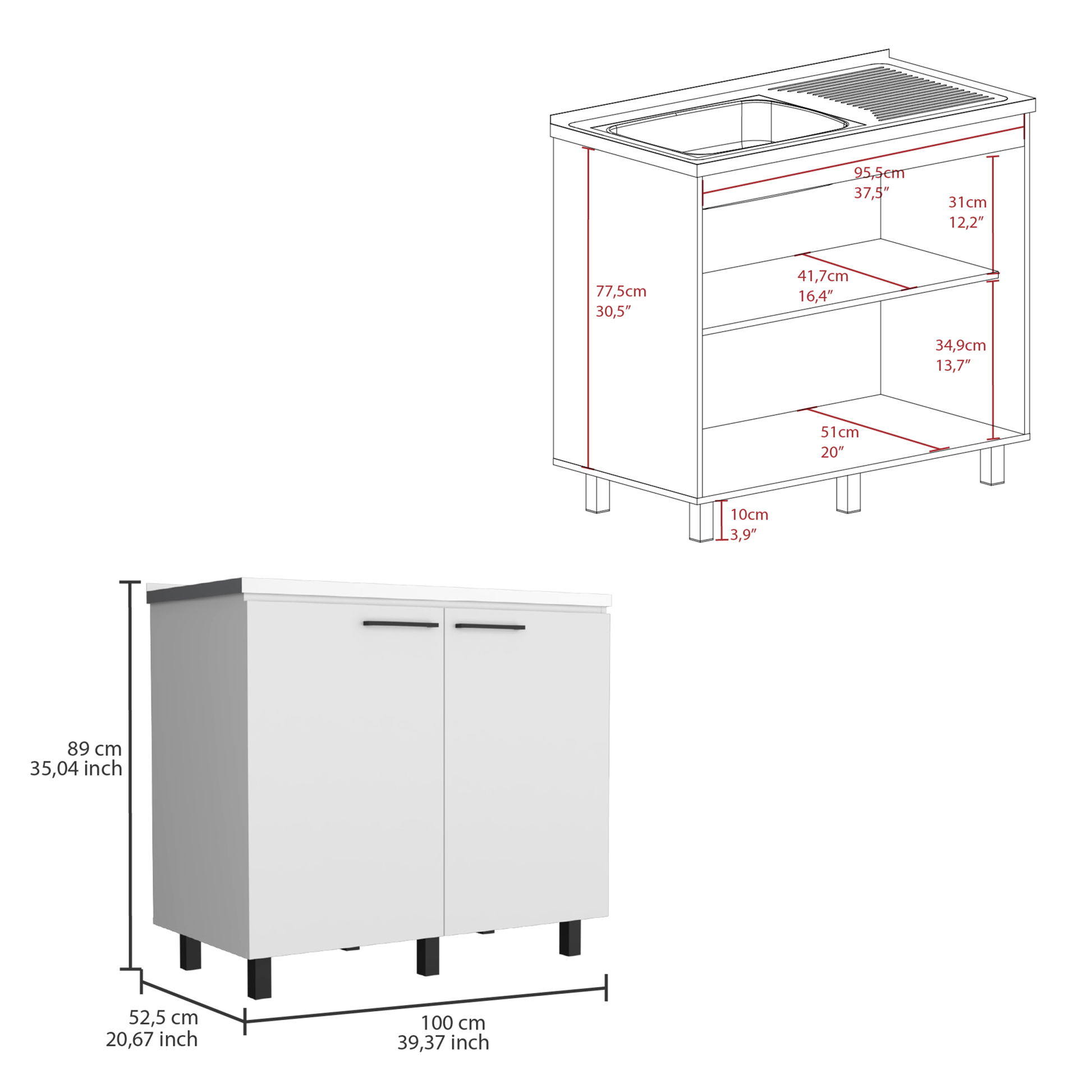 Alexandria 2 Piece Kitchen Set, Wall Cabinet Utility Sink, White White Particle Board Engineered Wood