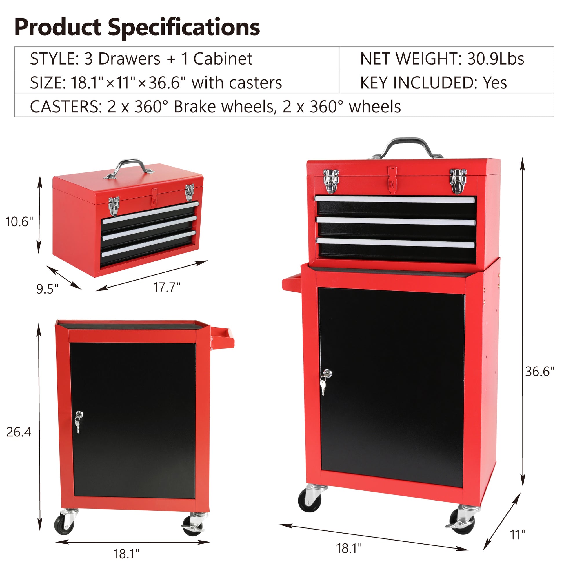 3 Drawer Rolling Tool Chest with Wheels, Tool Chest red-steel