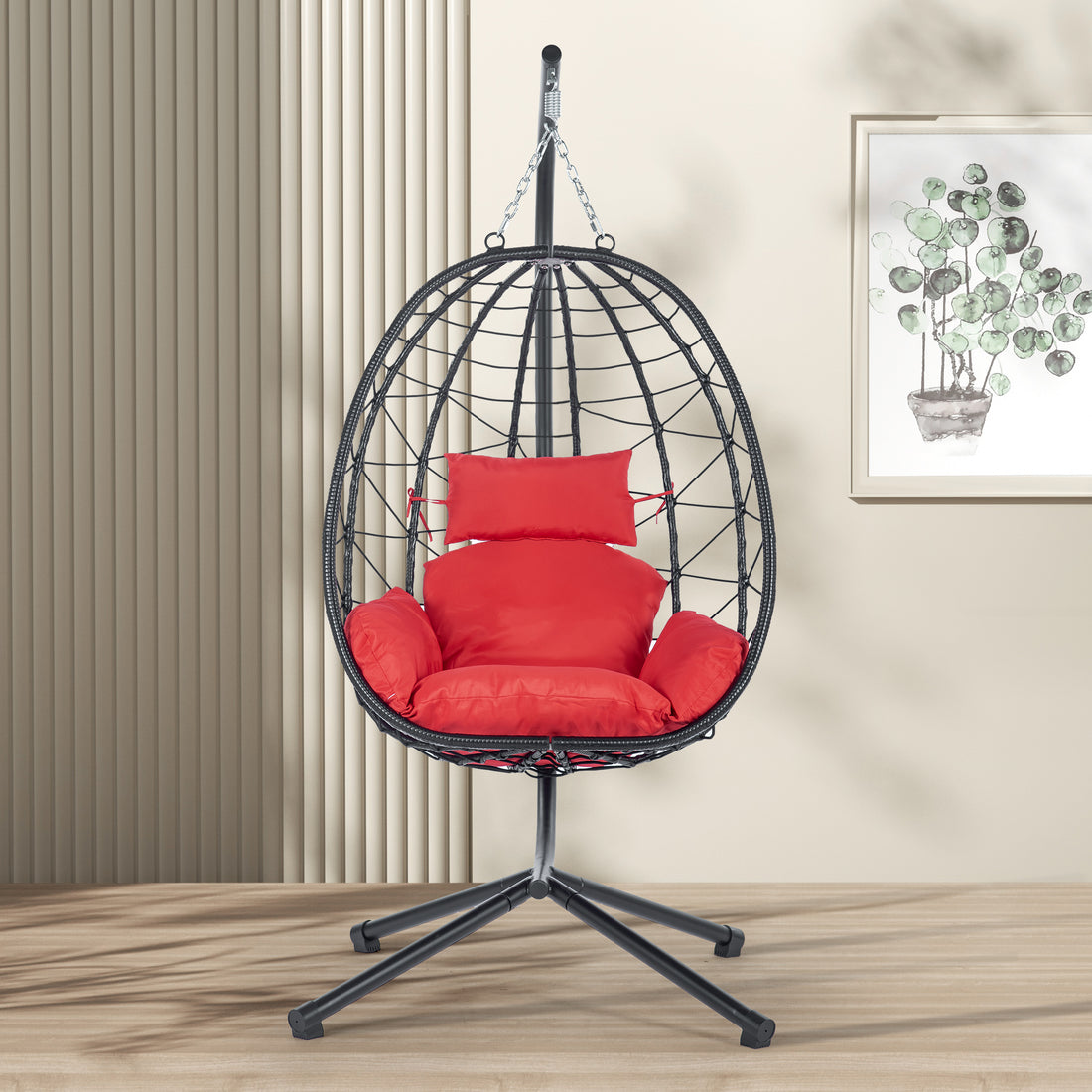 Egg Chair With Stand Indoor Outdoor Swing Chair Patio Wicker Hanging Egg Chair Hanging Basket Chair Hammock Chair With Stand For Bedroom Living Room Balcony Yes Sectional Red Water Resistant Frame Water Resistant Cushion Garden & Outdoor American Design