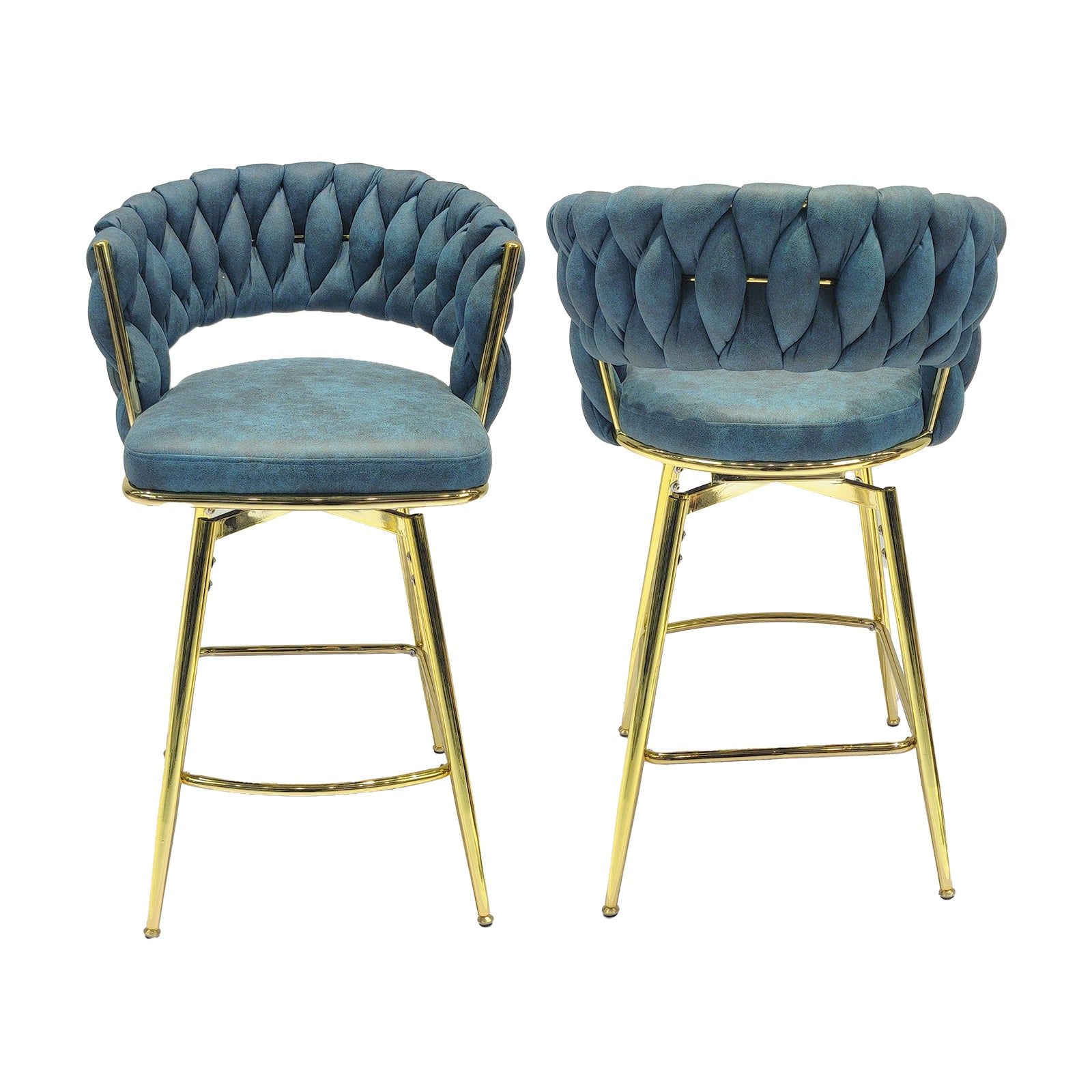 Bar Chair Suede Woven Bar Stool Set Of 2,Golden Legs Barstools No Adjustable Kitchen Island Chairs,360 Swivel Bar Stools Upholstered Bar Chair Counter Stool Arm Chairs With Back Footrest, Blue Metal Blue Kitchen Dining Chairs Foam Technical Leather