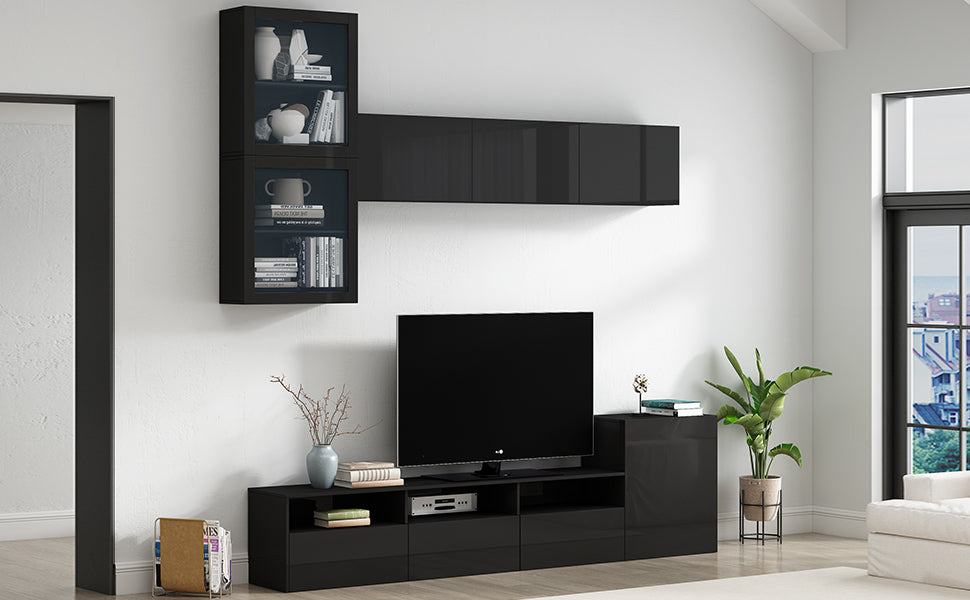 High Gloss Tv Stand With Large Storage Space, Media Console For Tvs Up To 78", Versatile Entertainment Center With Wall Mounted Floating Storage Cabinets For Living Room, Black Black Primary Living Space 70 79 Inches 70 79 Inches Mdf