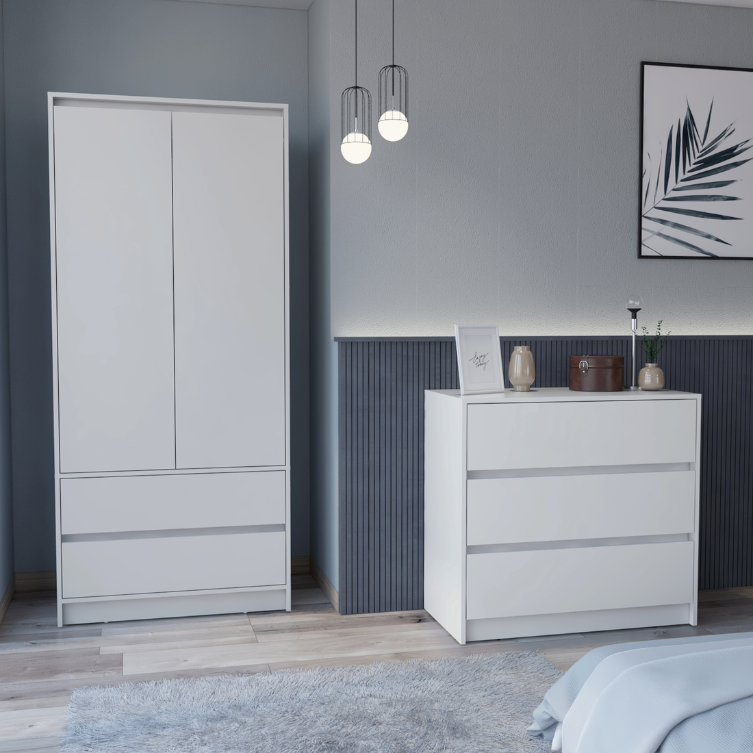 Lewes 2 Piece Bedroom Set, Dresser Armoire, White White Particle Board