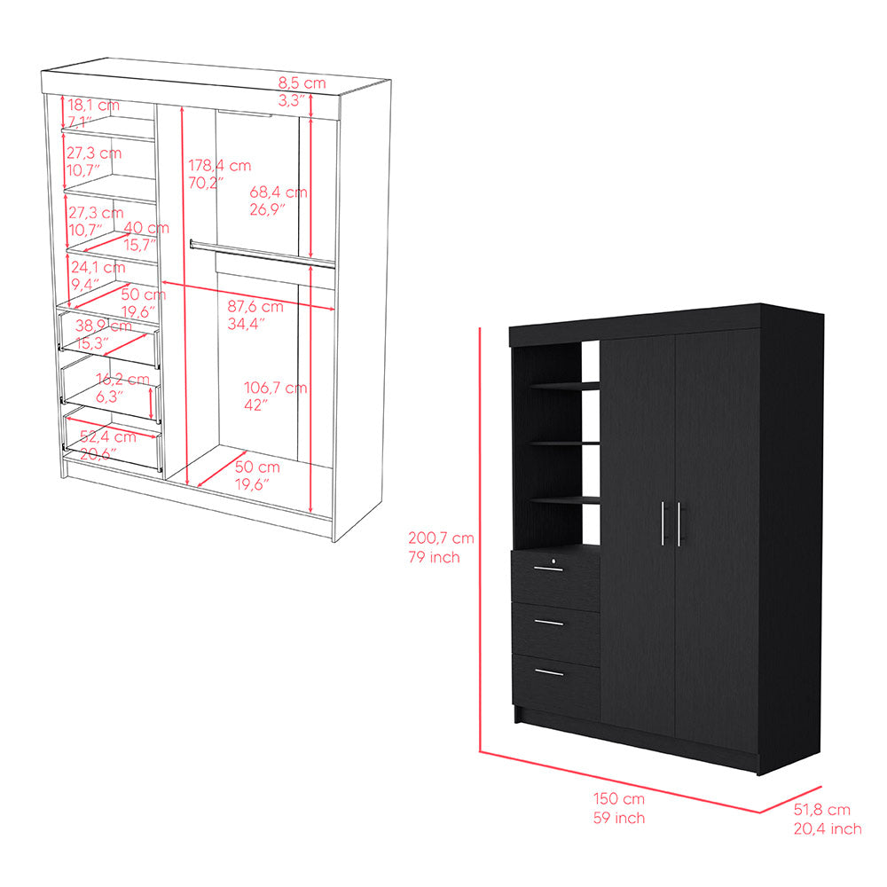 Armoire Rumanu, Bedroom, Black Black Particle Board Engineered Wood