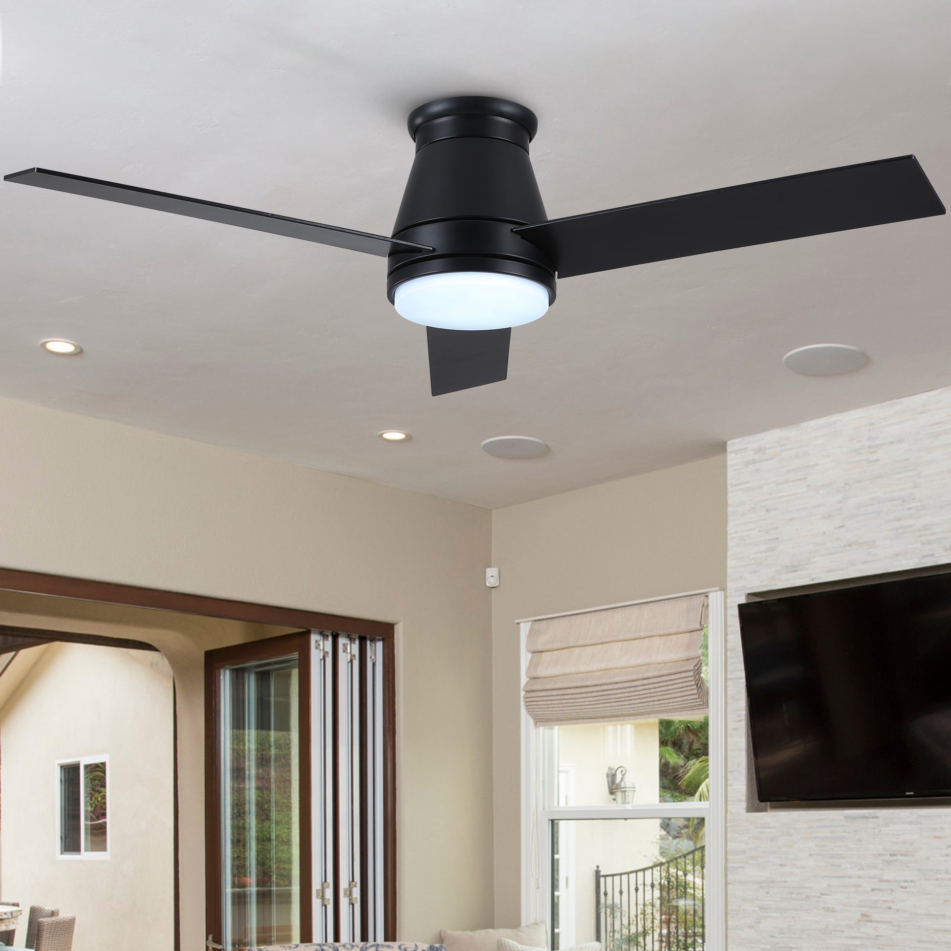 48" Black Lowe Profile Ceiling Fan With Light Black Plywood