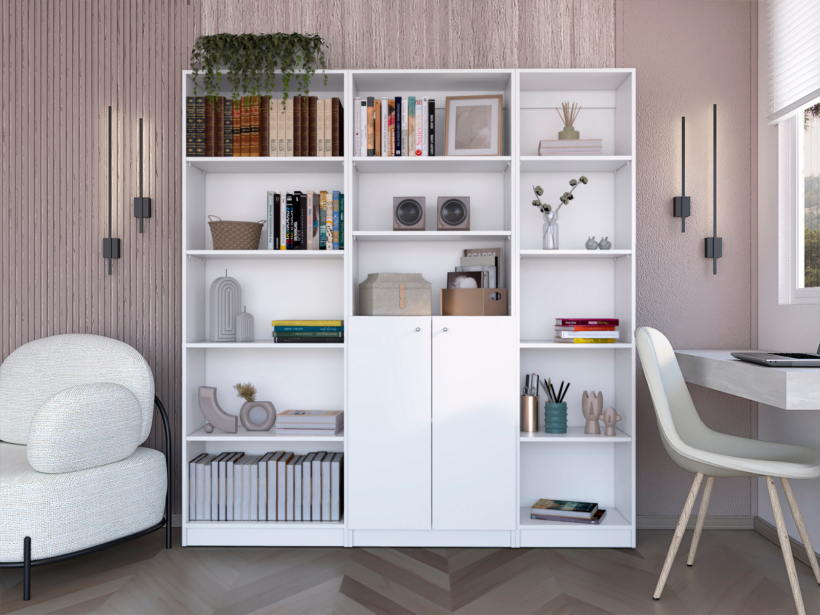 Platte 3 Piece Living Room Set With 3 Bookcases, White White Particle Board Engineered Wood