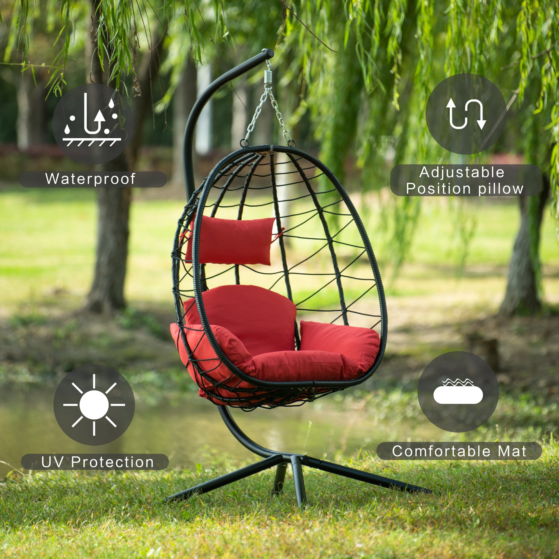 Egg Chair With Stand Indoor Outdoor Swing Chair Patio Wicker Hanging Egg Chair Hanging Basket Chair Hammock Chair With Stand For Bedroom Living Room Balcony Yes Sectional Red Water Resistant Frame Water Resistant Cushion Garden & Outdoor American Design