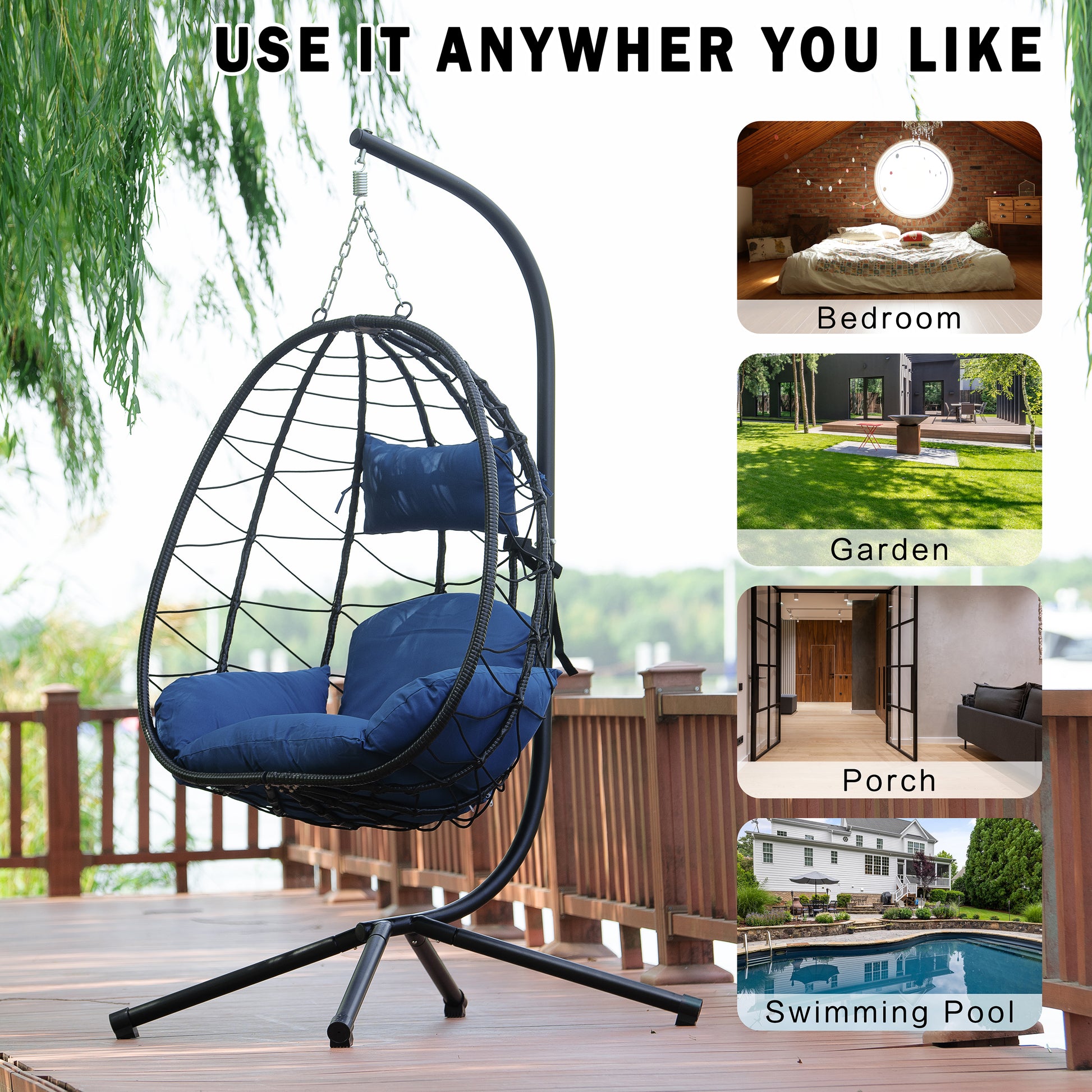 Egg Chair With Stand Indoor Outdoor Swing Chair Patio Wicker Hanging Egg Chair Hanging Basket Chair Hammock Chair With Stand For Bedroom Living Room Balcony Yes Complete Patio Set Navy Blue Water
