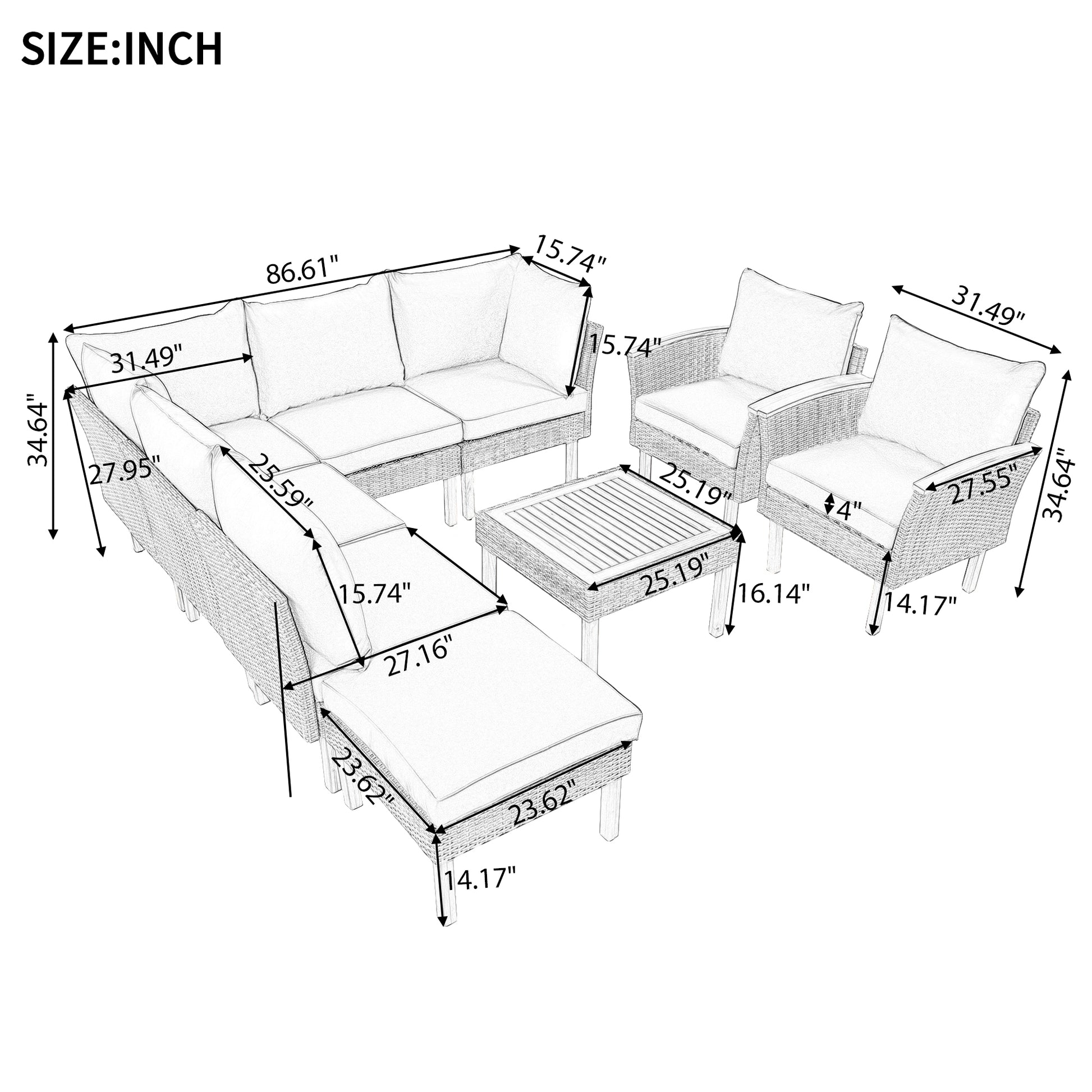 9 Piece Patio Rattan Furniture Set, Outdoor Conversation Set With Acacia Wood Legs And Tabletop, Pe Rattan Sectional Sofa Set With Coffee Table, Washable Cushion, Gray Yes Gray Weather Resistant Frame Garden & Outdoor Complete Patio Sets Foam Wicker