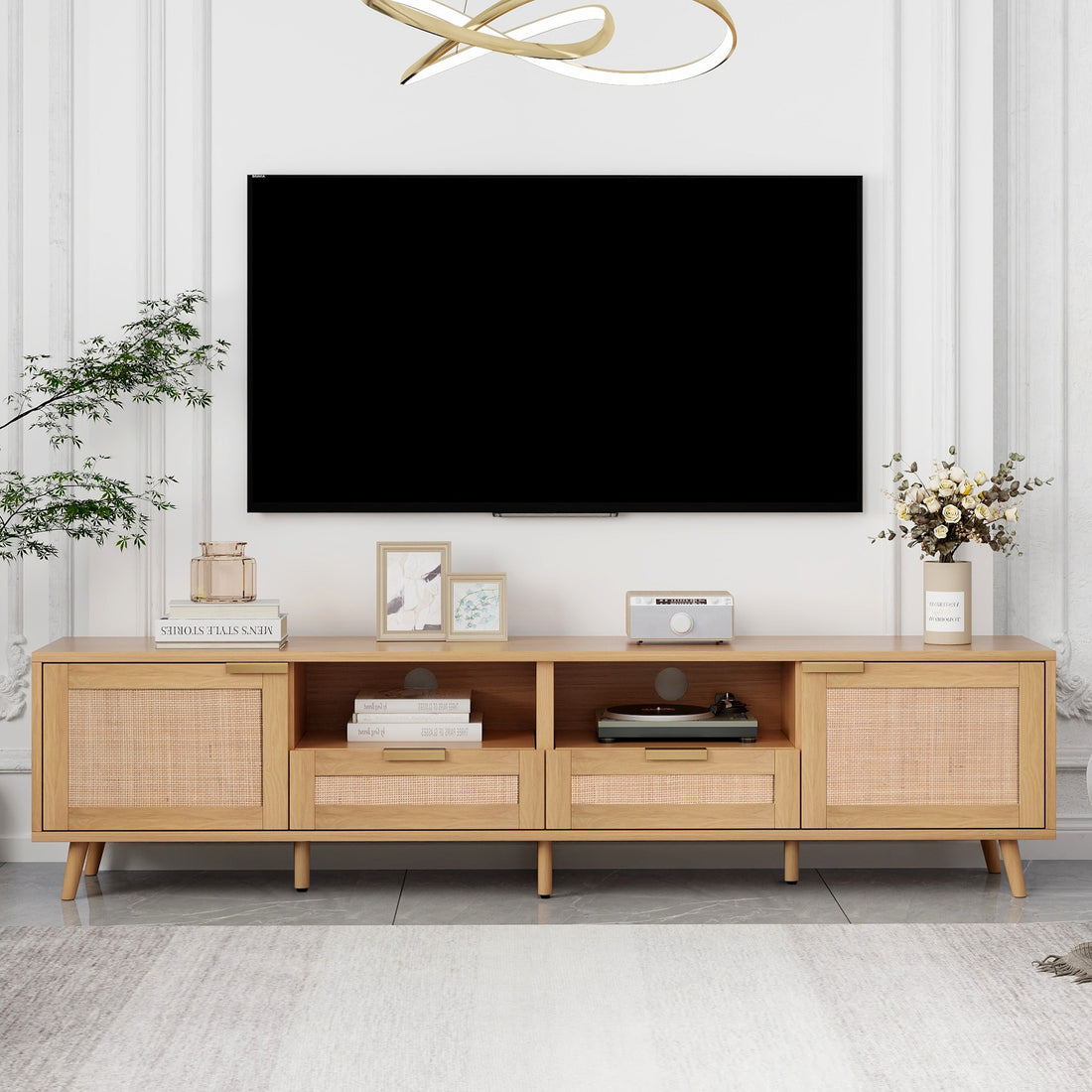 Rattan Tv Stand For Tvs Up To 85'', Modern Farmhouse Media Console, Entertainment Center With Solid Wood Legs, Tv Cabinet For Living Room,Home Theatre Wood Primary Living Space 70 79 Inches 70 79