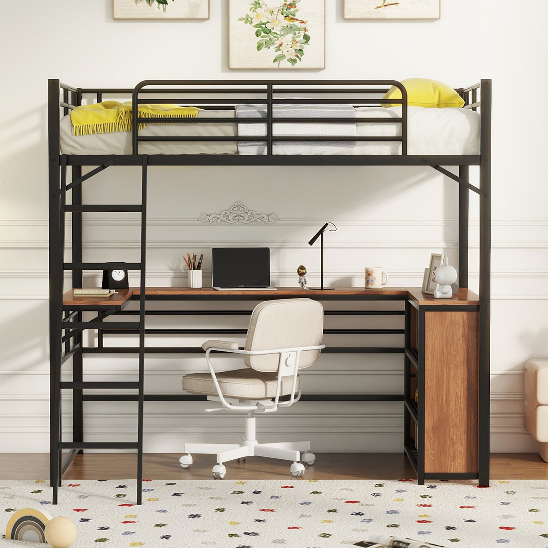 Twin Size Metal Loft Bed With 3 Layers Of Shelves And L Shaped Desk, Black Black Metal