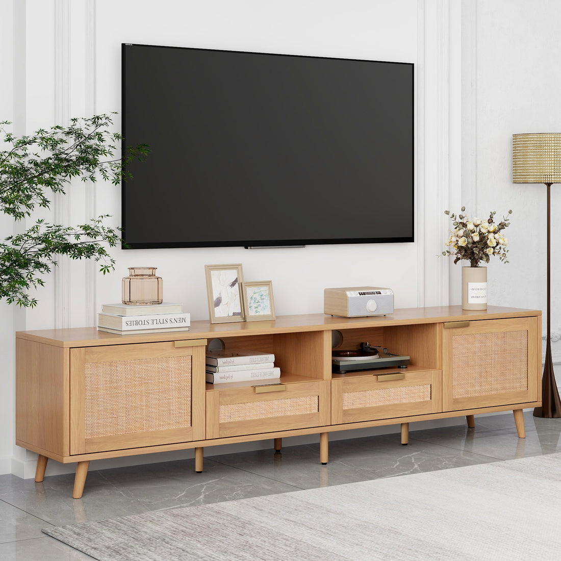 Rattan Tv Stand For Tvs Up To 85'', Modern Farmhouse Media Console, Entertainment Center With Solid Wood Legs, Tv Cabinet For Living Room,Home Theatre Wood Primary Living Space 70 79 Inches 70 79