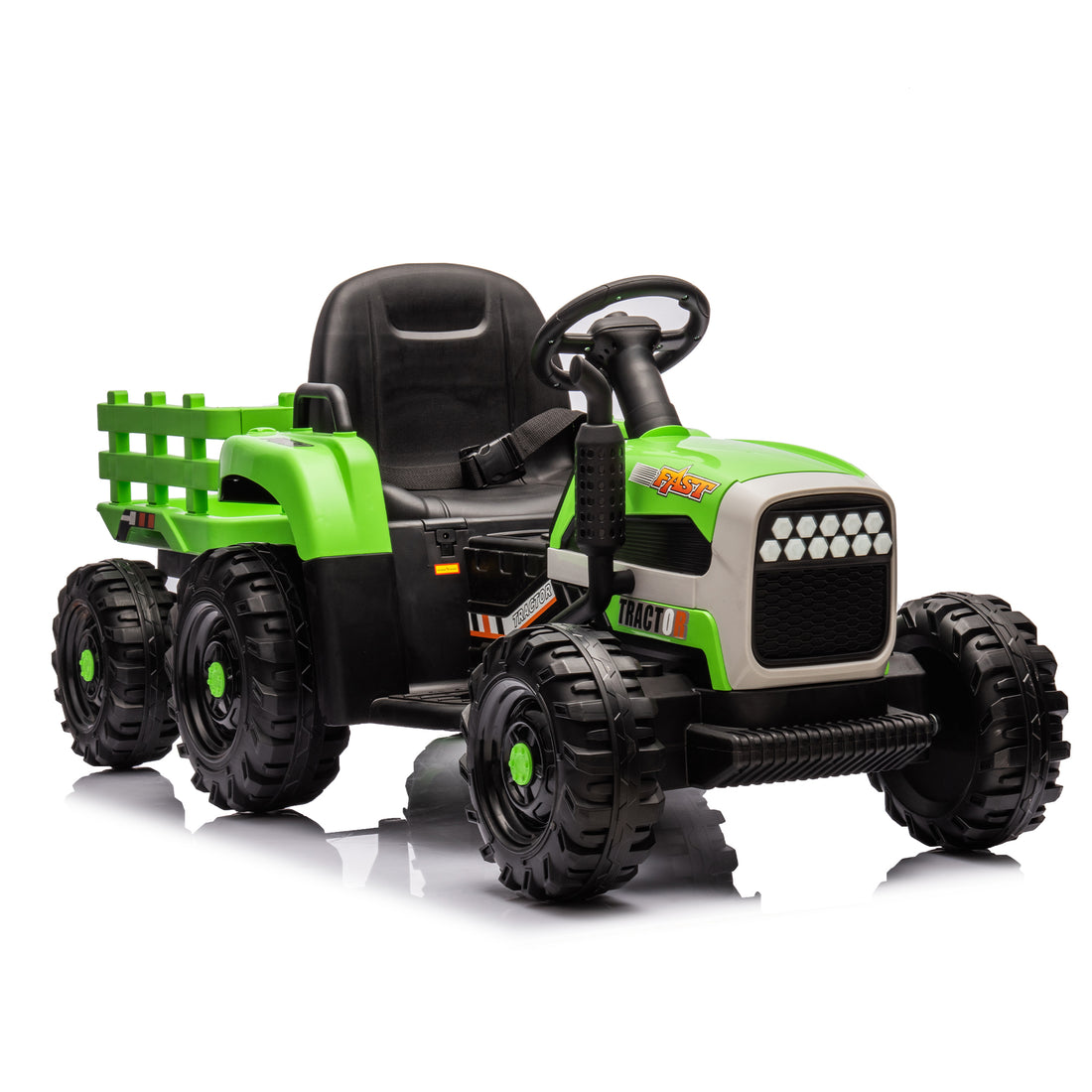 Ride On Tractor2.0 With Trailer,24V Battery Powered Electric Tractor Toy, 200W*2Motor 1.86 4.97Mph Remote Control,Electric Car For Kids,Three Speed Adjustable,Usb,Mp3 ,Bluetooth,Led Light, Safety Belt Green Plastic