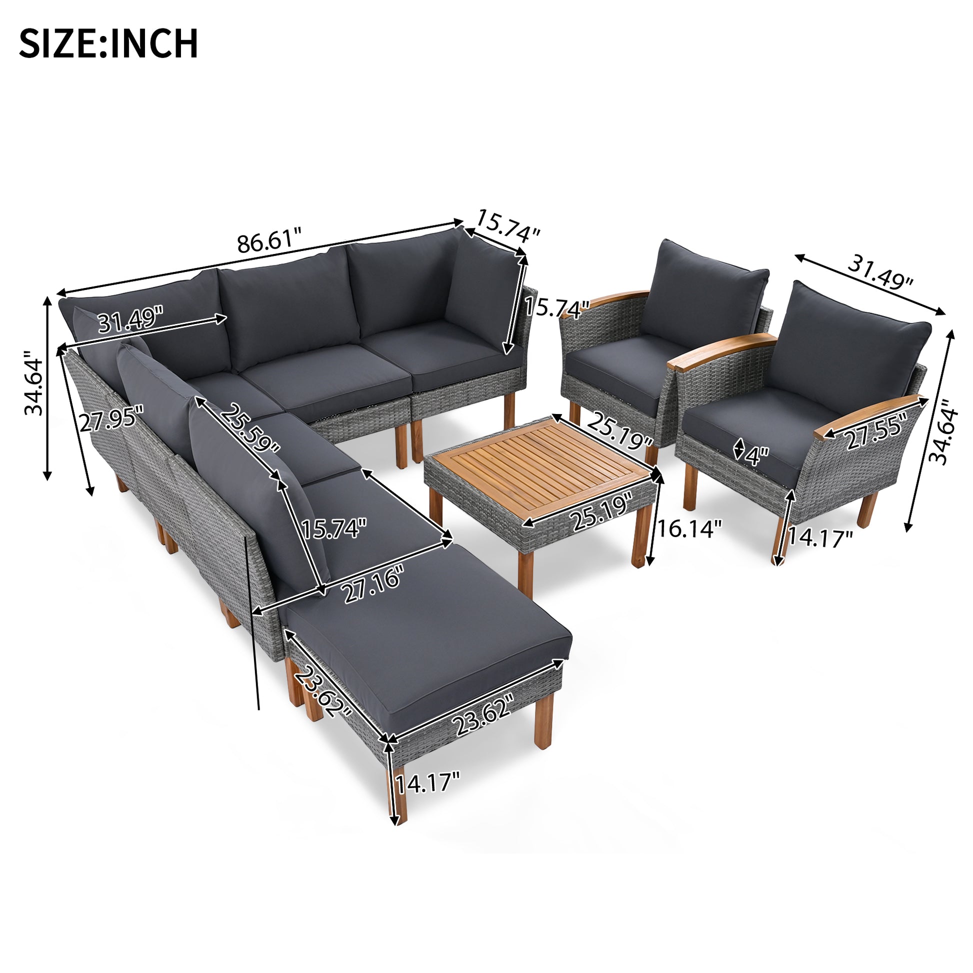 9 Piece Patio Rattan Furniture Set, Outdoor Conversation Set With Acacia Wood Legs And Tabletop, Pe Rattan Sectional Sofa Set With Coffee Table, Washable Cushion, Gray Yes Gray Weather Resistant Frame Garden & Outdoor Complete Patio Sets Foam Wicker