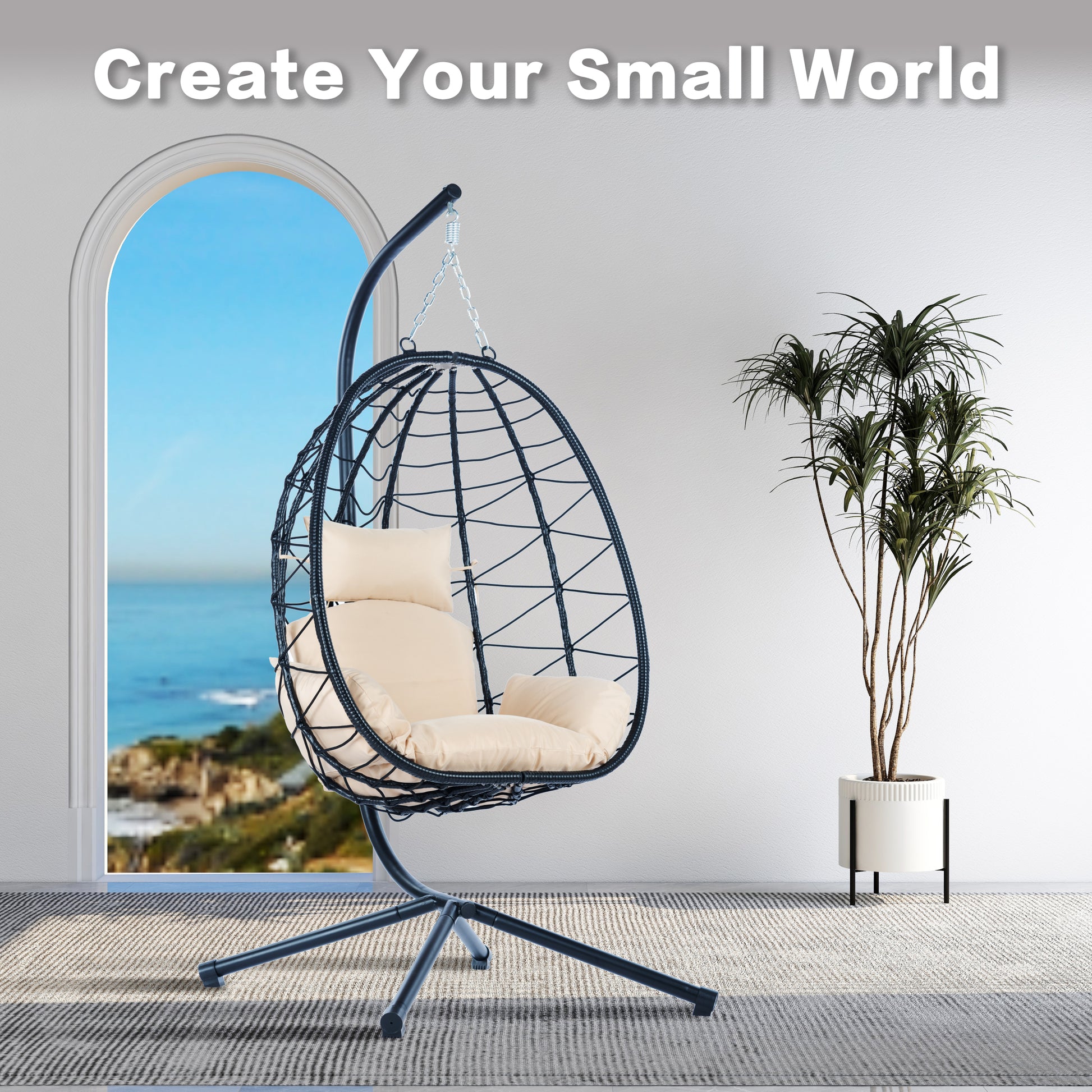 Egg Chair With Stand Indoor Outdoor Swing Chair Patio Wicker Hanging Egg Chair Hanging Basket Chair Hammock Chair With Stand For Bedroom Living Room Balcony Yes Sectional Beige Rust Resistant Frame Water Resistant Cushion Garden & Outdoor American Design