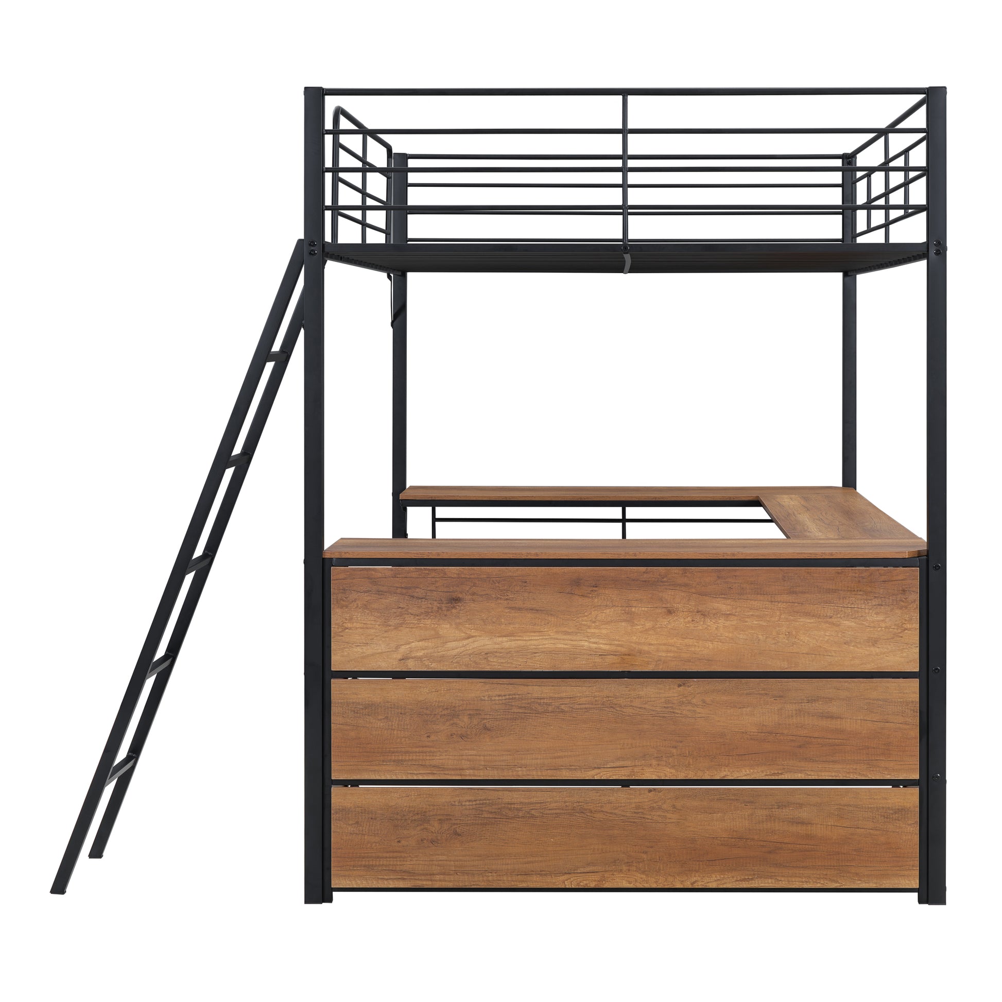 Full Size Metal Loft Bed With 3 Layers Of Shelves And L Shaped Desk, Black Black Metal
