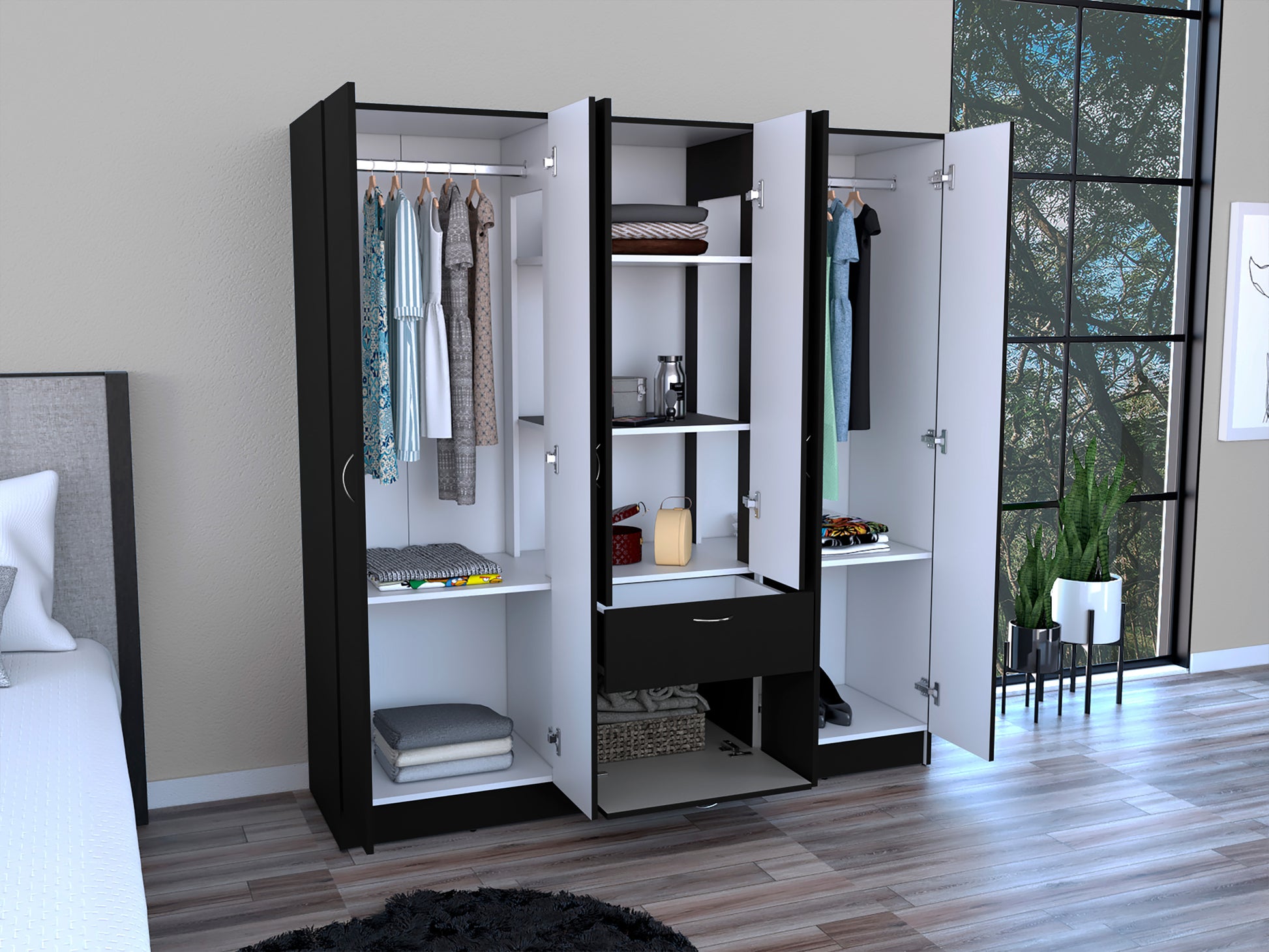 Six Doors Armoire Maya, Bedroom, Black White White Black Particle Board Engineered Wood