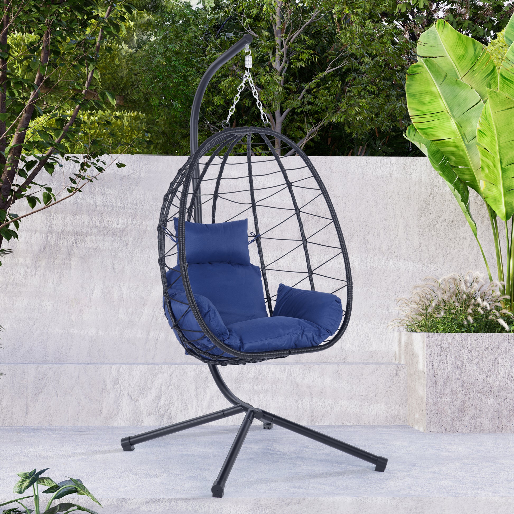 Egg Chair With Stand Indoor Outdoor Swing Chair Patio Wicker Hanging Egg Chair Hanging Basket Chair Hammock Chair With Stand For Bedroom Living Room Balcony Yes Complete Patio Set Navy Blue Water