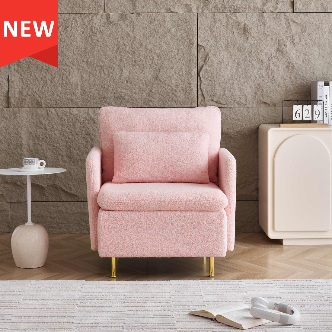 Modern Accent Chair, Sherpa Upholstered Cozy Comfy Armchair, Furry Reading Chair With Slim Armrest, Fuzzy Single Club Sofa Chairs For Living Room Bedroom Waiting Room Office Ivory Pink Foam Solid Wood