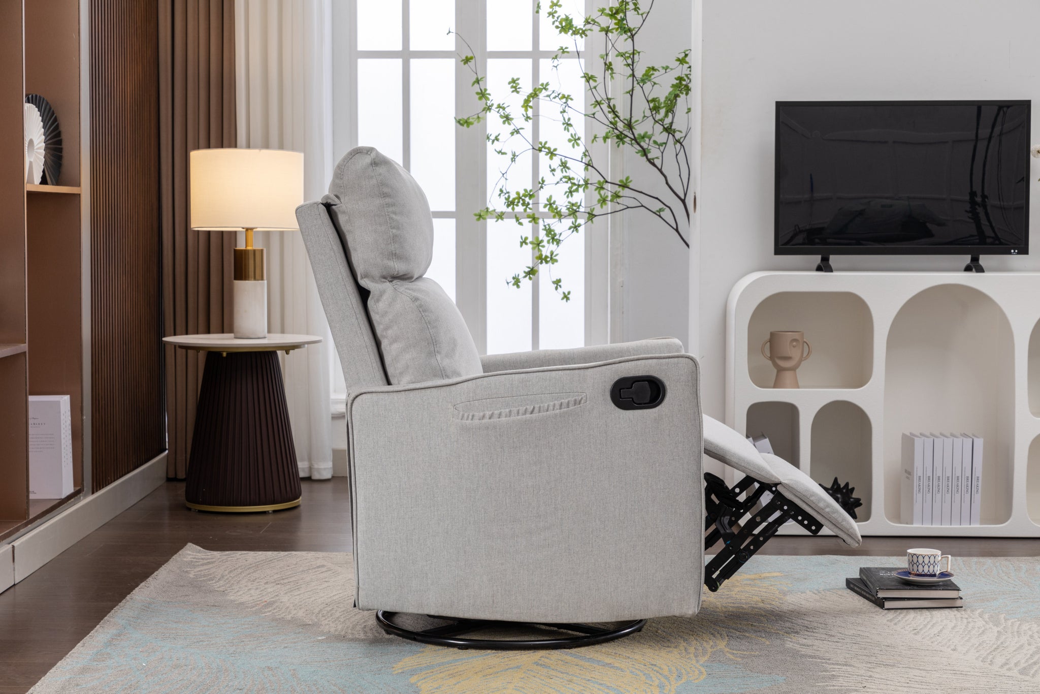 038 Cotton Linen Fabric Swivel Rocking Chair Glider light gray-cotton-manual-handle-metal-primary