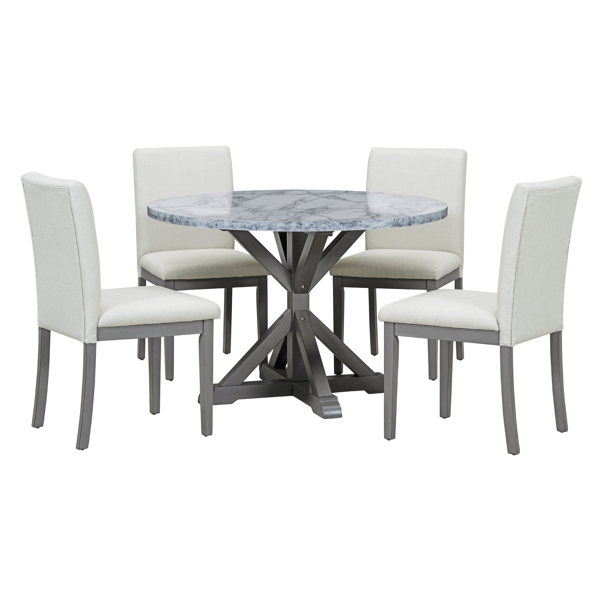 5 Piece Farmhouse Style Dining Table Set, Marble Sticker And Cross Bracket Pedestal Dining Table, And 4 Upholstered Chairs White Gray Upholstered Chair Wood White Gray Seats 4 Wood Dining Room