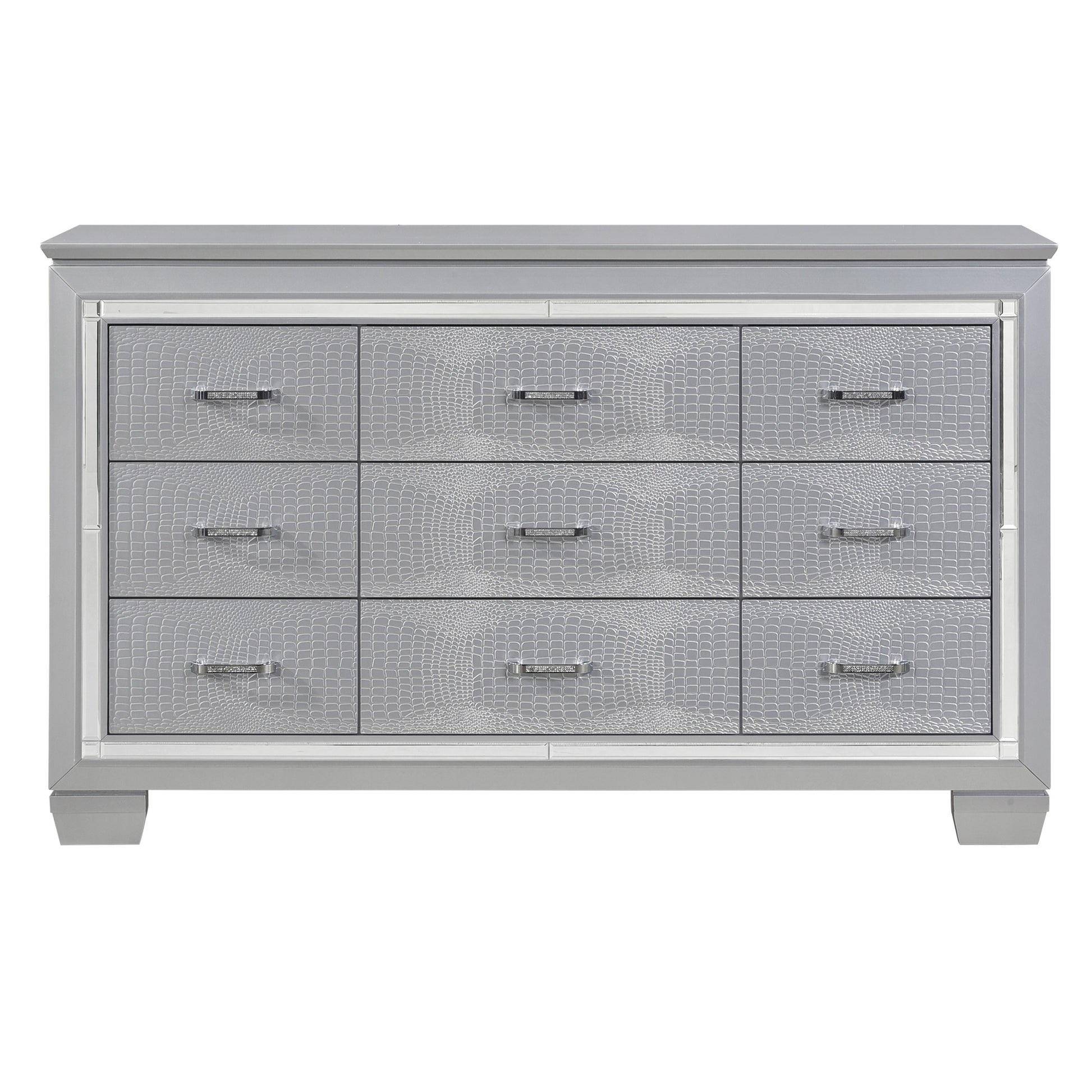 Modern Glam Silver Finish 1Pc Nine Drawers Dresser Faux Alligator Text Modern Glam Silver Finish 1Pc Nine Drawers Dresser Faux Alligator Text
