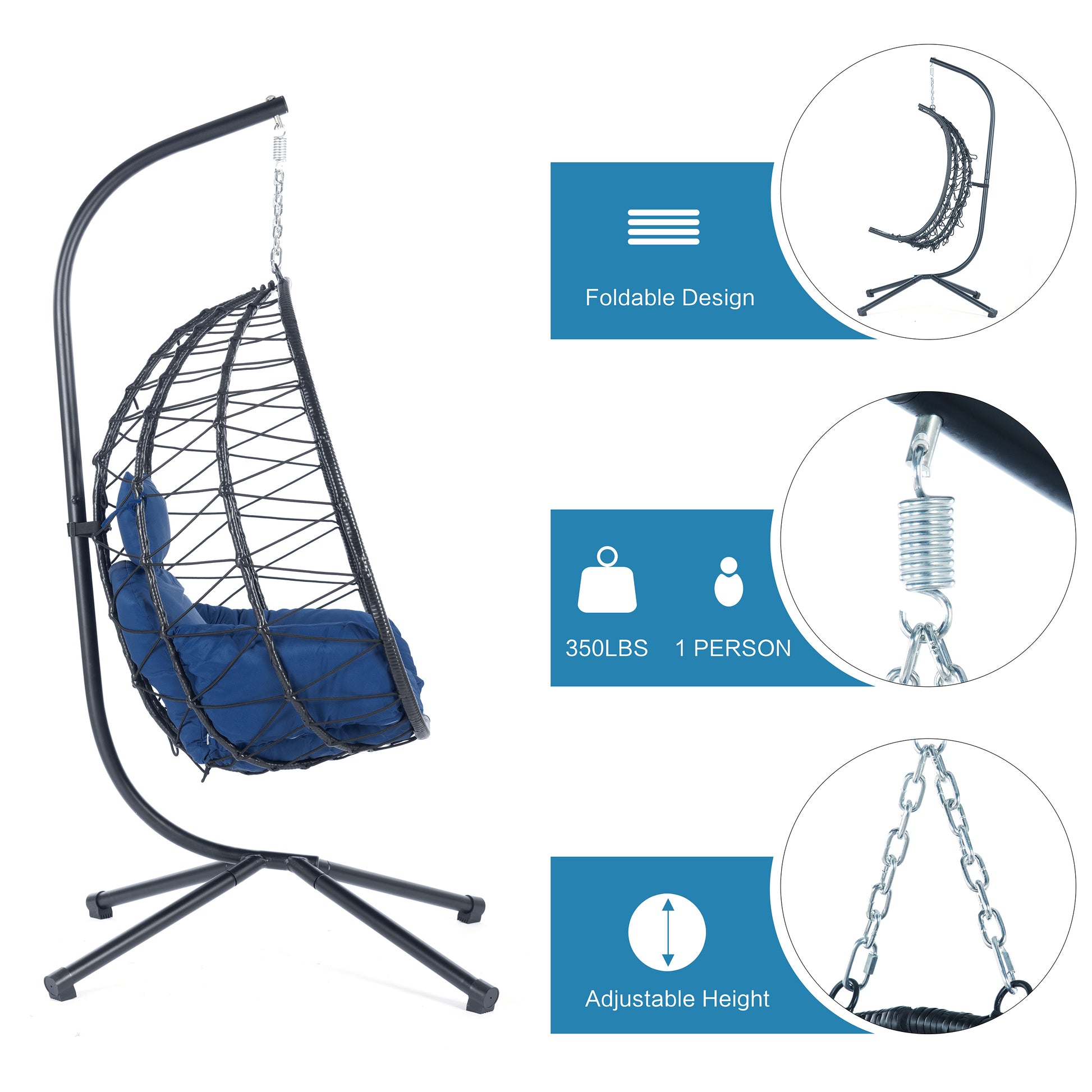 Egg Chair With Stand Indoor Outdoor Swing Chair Patio Wicker Hanging Egg Chair Hanging Basket Chair Hammock Chair With Stand For Bedroom Living Room Balcony Yes Complete Patio Set Navy Blue Water