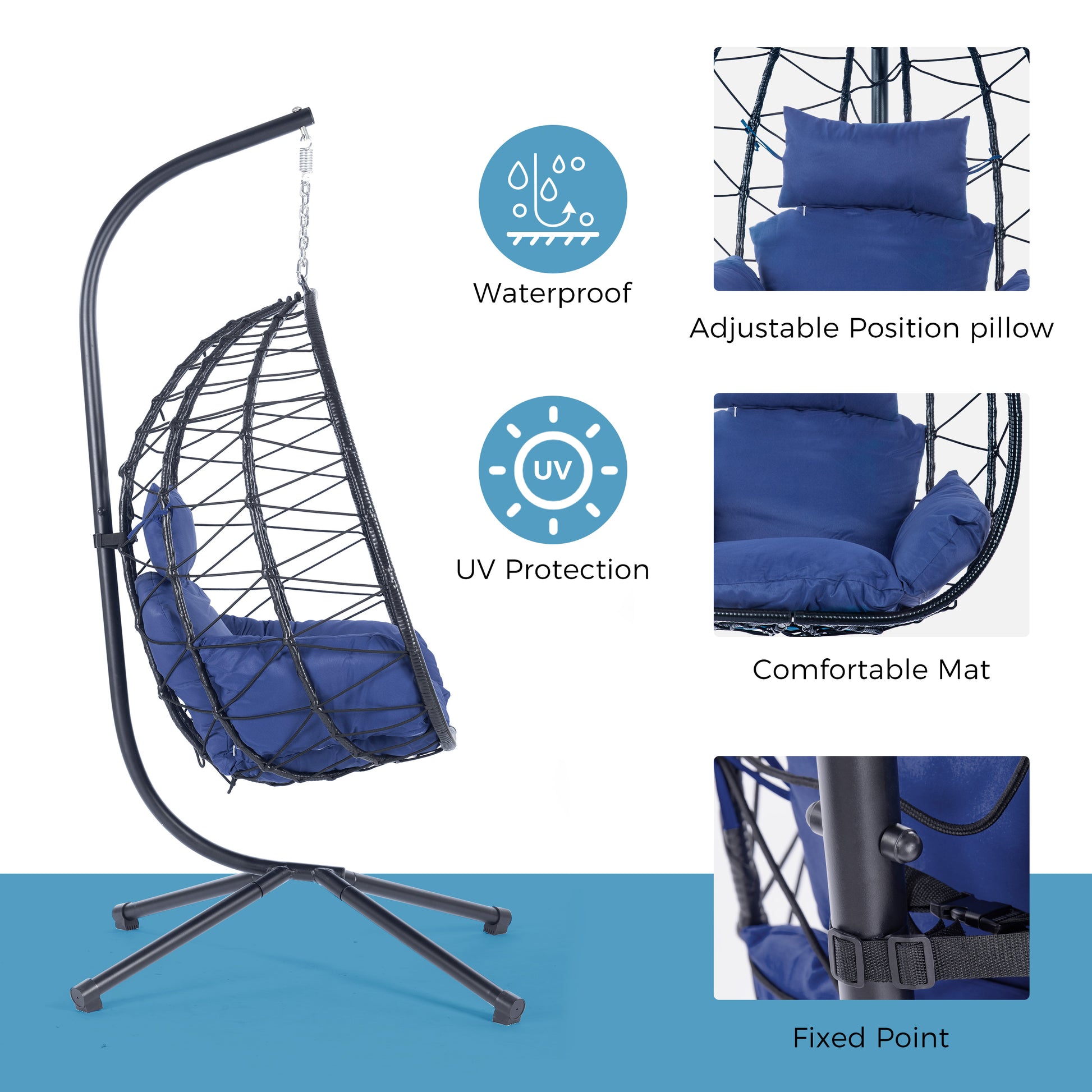Egg Chair With Stand Indoor Outdoor Swing Chair Patio Wicker Hanging Egg Chair Hanging Basket Chair Hammock Chair With Stand For Bedroom Living Room Balcony Yes Complete Patio Set Navy Blue Water