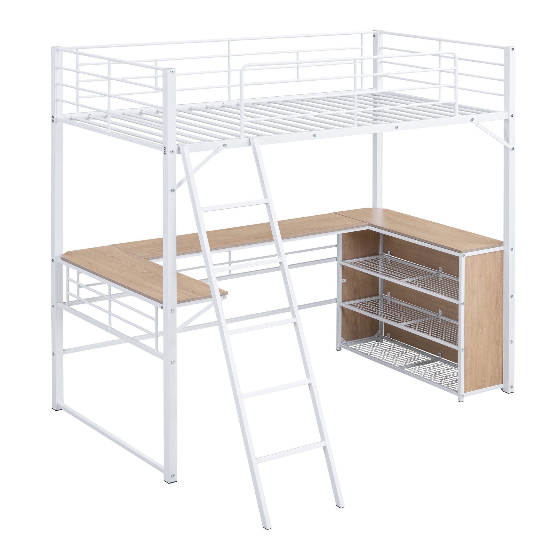 Twin Size Metal Loft Bed With 3 Layers Of Shelves And L Shaped Desk, White White Metal