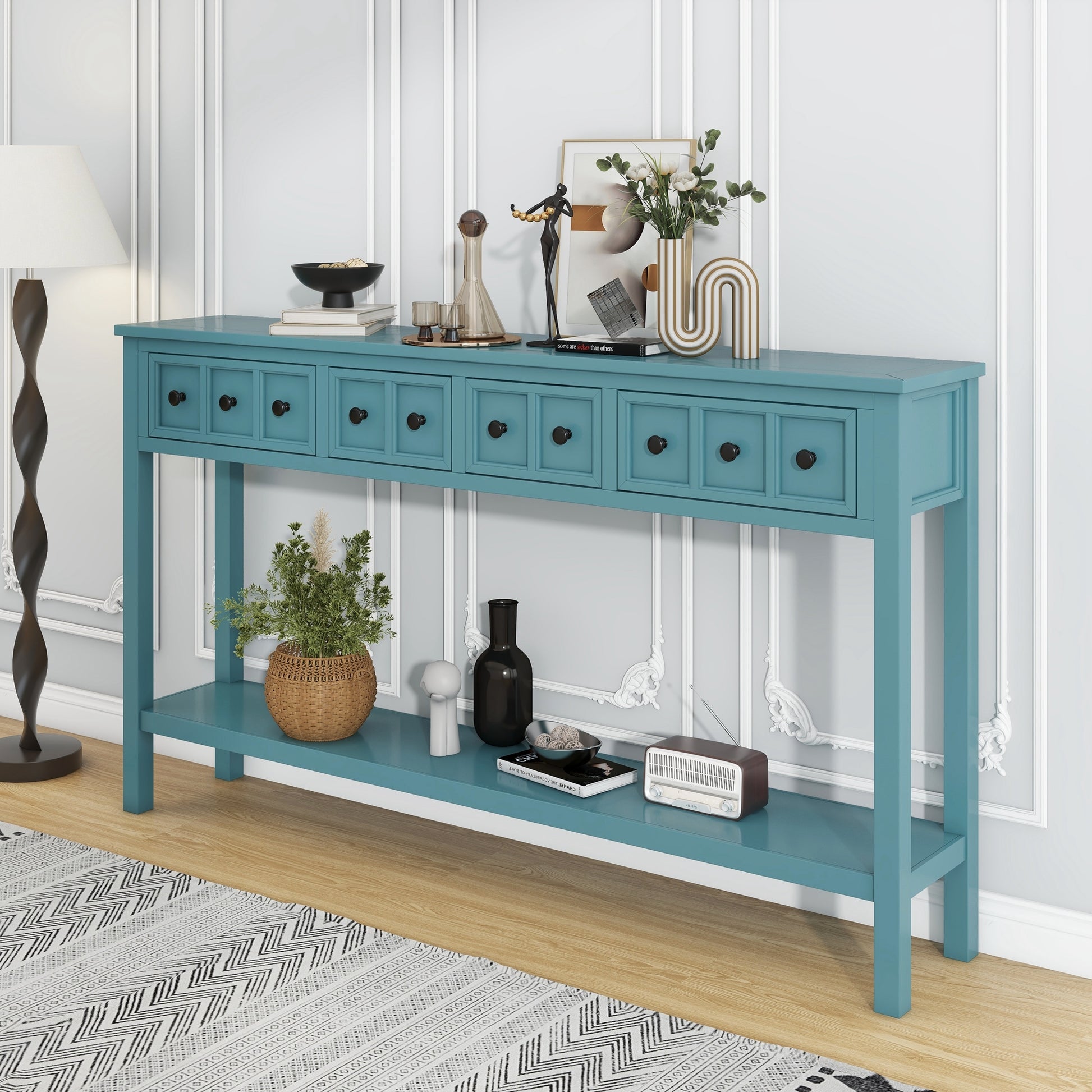 Rustic Entryway Console Table, 60" Long Sofa Table With Two Different Size Drawers And Bottom Shelf For Storage Turquoise Green Turquoise Green Solid Wood