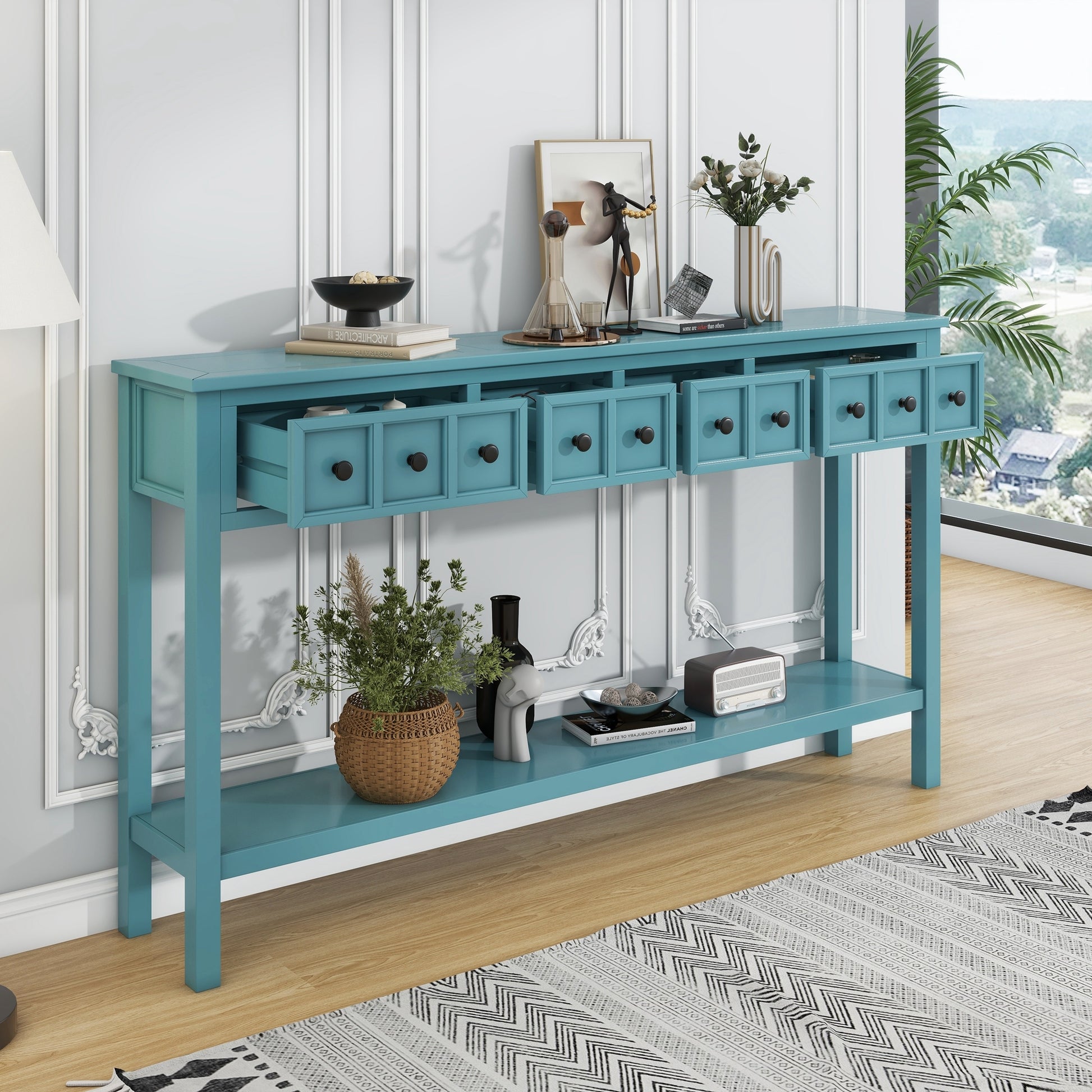 Rustic Entryway Console Table, 60" Long Sofa Table With Two Different Size Drawers And Bottom Shelf For Storage Turquoise Green Turquoise Green Solid Wood