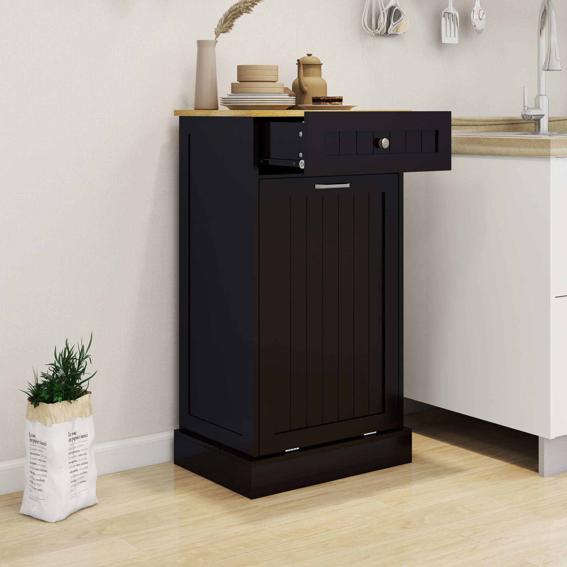 One Drawers And One Compartment Tilt Out Trash Cabinet Kitchen Trash Cabinet Black Black Mdf