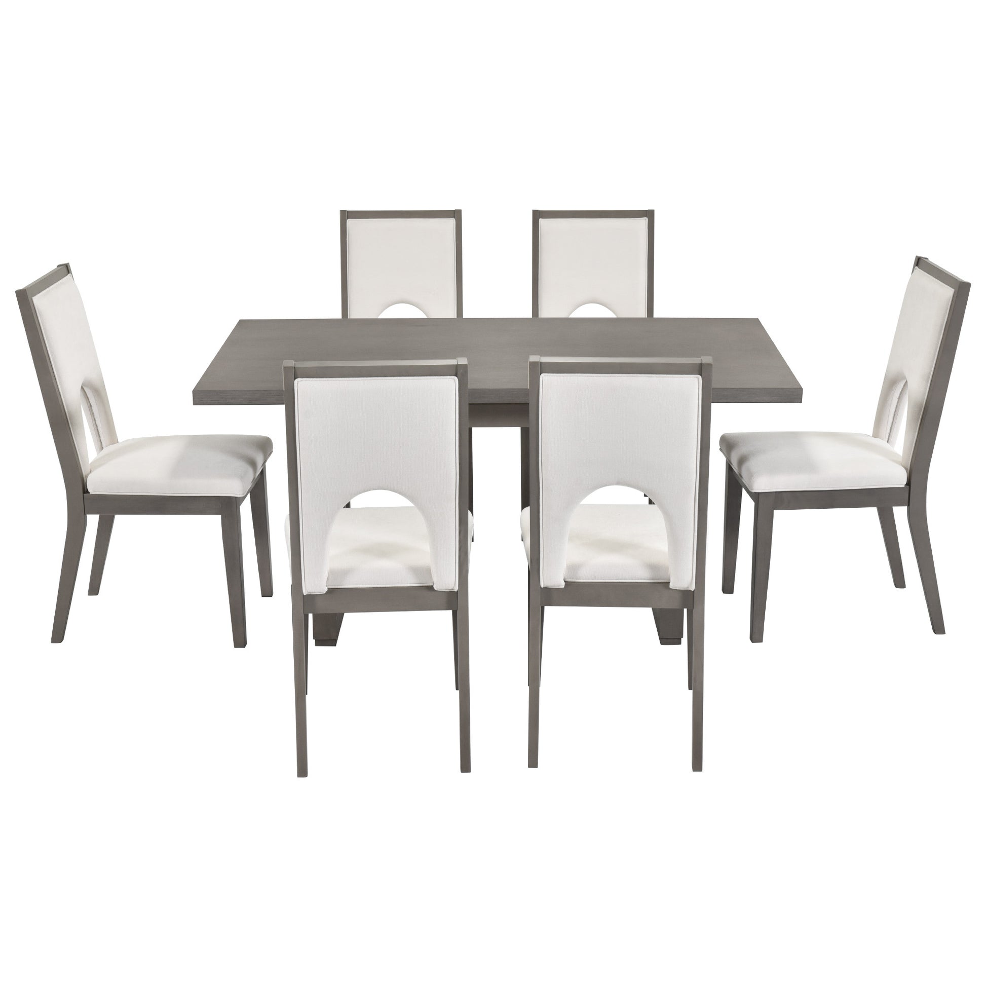 Wood Dining Table Set For 6, Farmhouse Rectangular Dining Table And 6 Upholstered Chairs Ideal For Dining Room, Kitchen Grey Beige Upholstered Chair Wood Grey Seats 6 Wood Dining Room Antique,Classic,Farmhouse Trestle Rectangular Dining Table With Chair