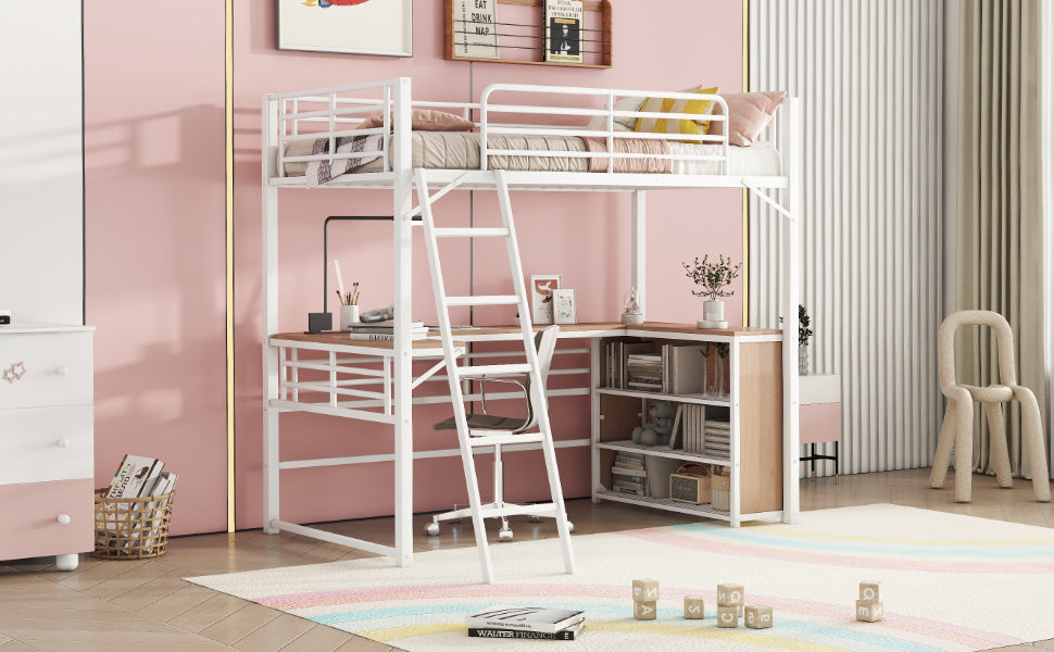 Twin Size Metal Loft Bed With 3 Layers Of Shelves And L Shaped Desk, White White Metal