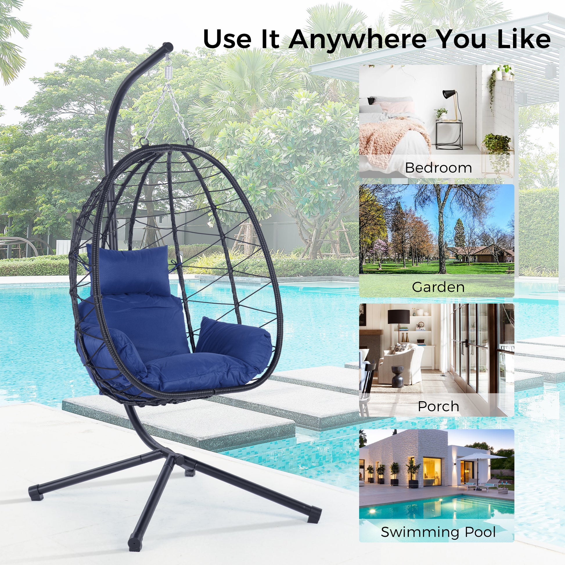 Egg Chair With Stand Indoor Outdoor Swing Chair Patio Wicker Hanging Egg Chair Hanging Basket Chair Hammock Chair With Stand For Bedroom Living Room Balcony Yes Complete Patio Set Navy Blue Water