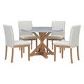 5 Piece Farmhouse Style Dining Table Set, Marble Sticker And Cross Bracket Pedestal Dining Table, And 4 Upholstered Chairs White Walnut Upholstered Chair Wood White Walnut Seats 4 Wood Dining Room