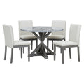 5 Piece Farmhouse Style Dining Table Set, Marble Sticker And Cross Bracket Pedestal Dining Table, And 4 Upholstered Chairs White Gray Upholstered Chair Wood White Gray Seats 4 Wood Dining Room