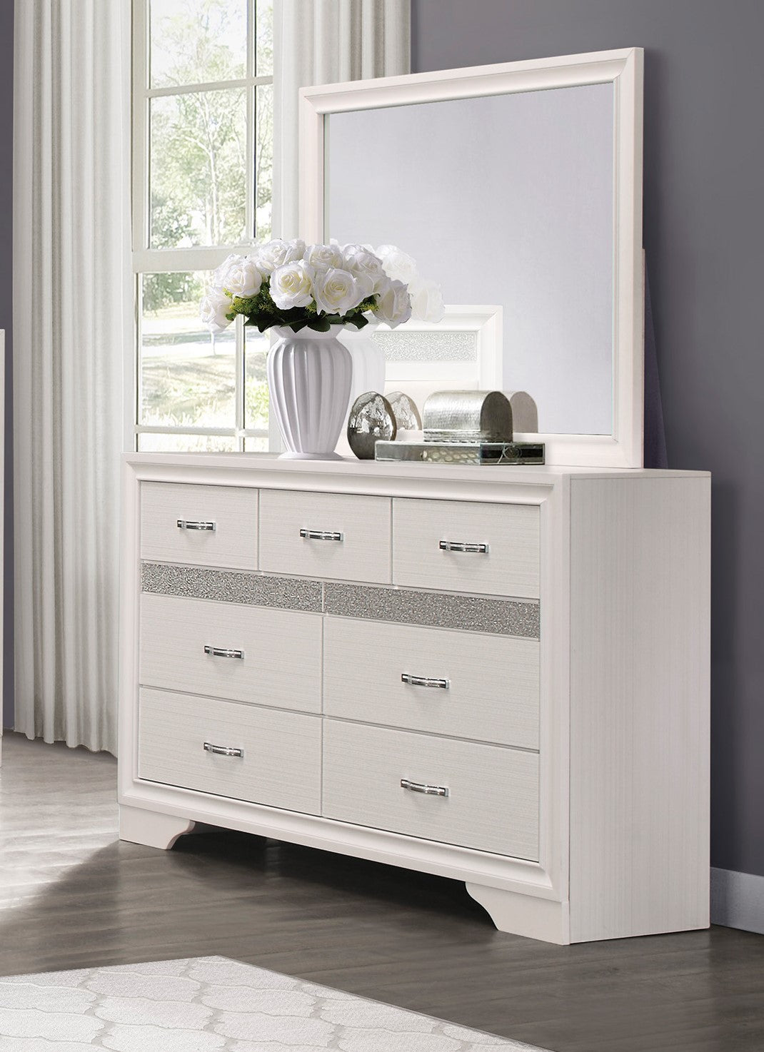 Modern Glam Dresser Of 7 Drawers White And Silver Glitter Hidden Jewelry Drawers Ball Bearing Glides Modern Wooden Bedroom Furniture Silver White Bedroom Contemporary,Modern Wood