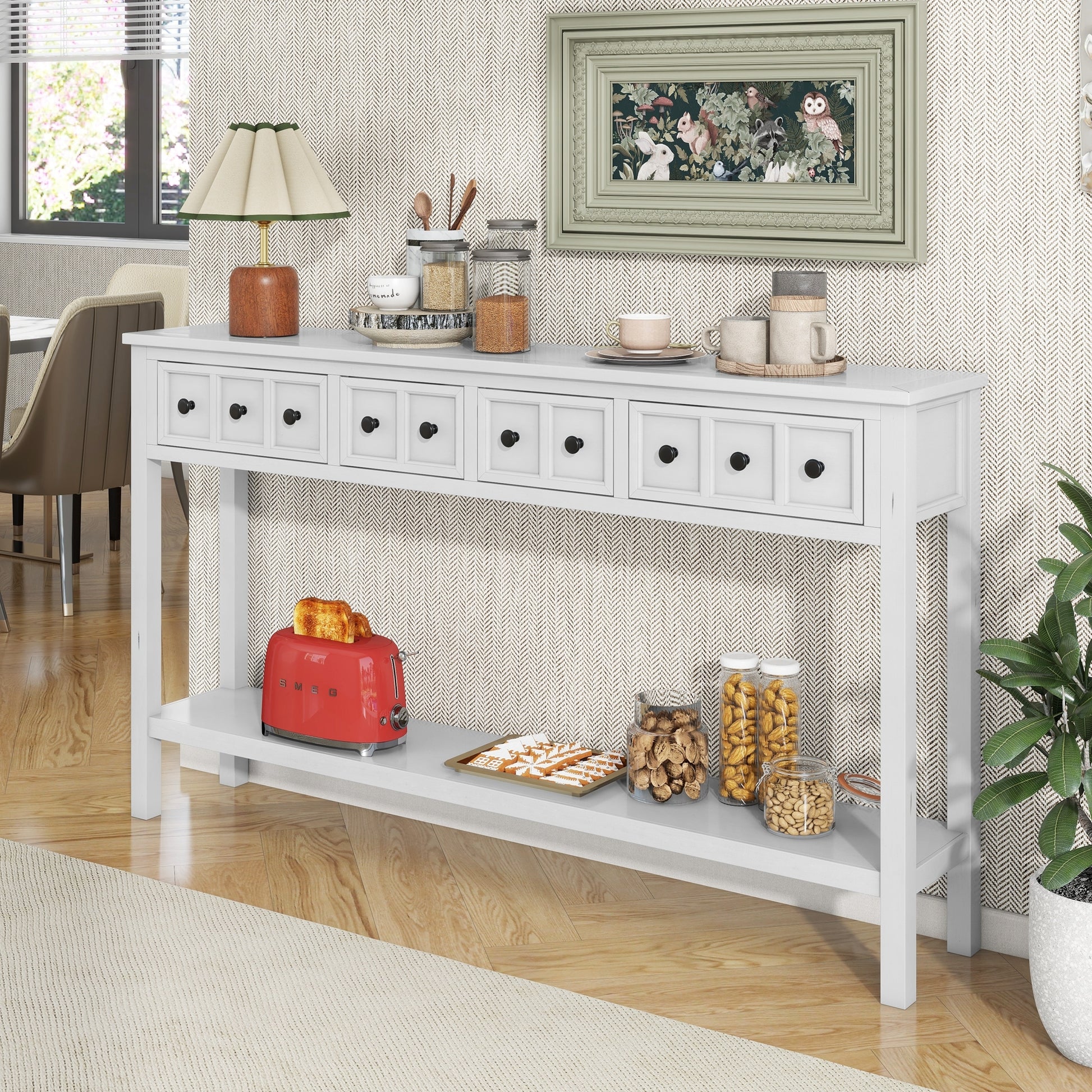 Rustic Entryway Console Table, 60" Long Sofa Table With Two Different Size Drawers And Bottom Shelf For Storage Antique White Antique White Solid Wood