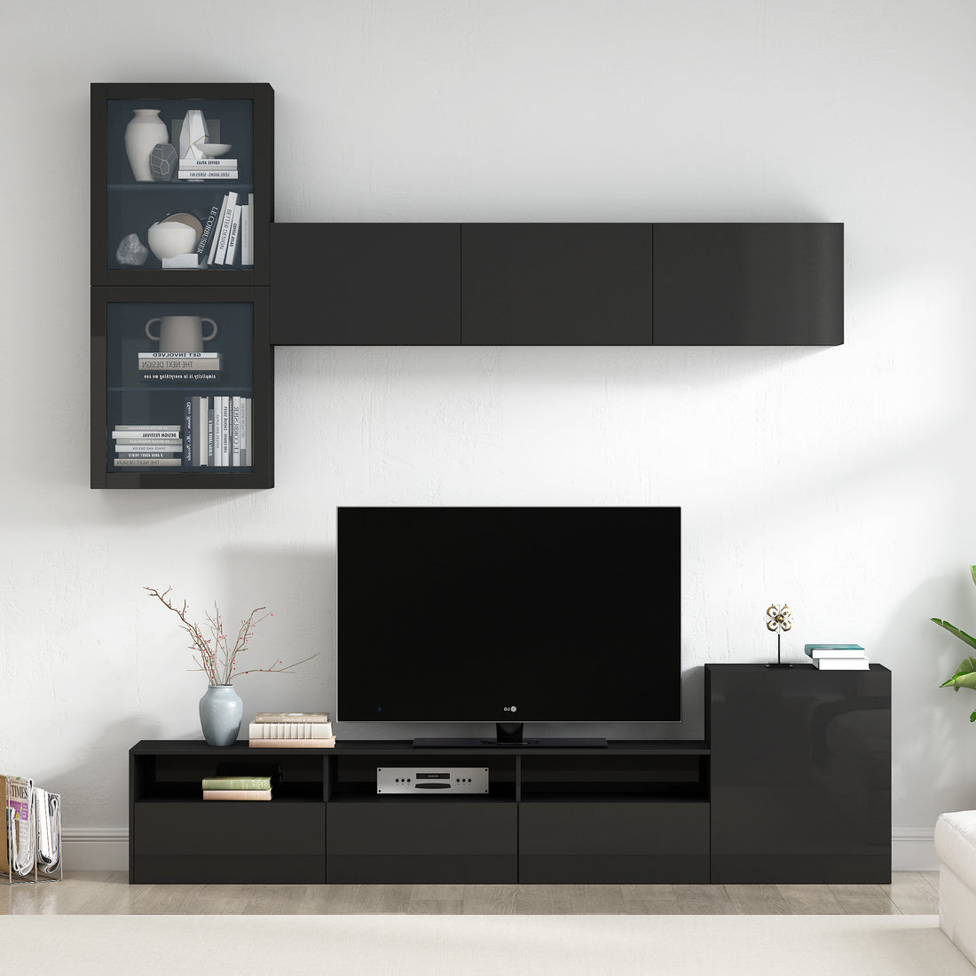 High Gloss Tv Stand With Large Storage Space, Media Console For Tvs Up To 78", Versatile Entertainment Center With Wall Mounted Floating Storage Cabinets For Living Room, Black Black Primary Living Space 70 79 Inches 70 79 Inches Mdf