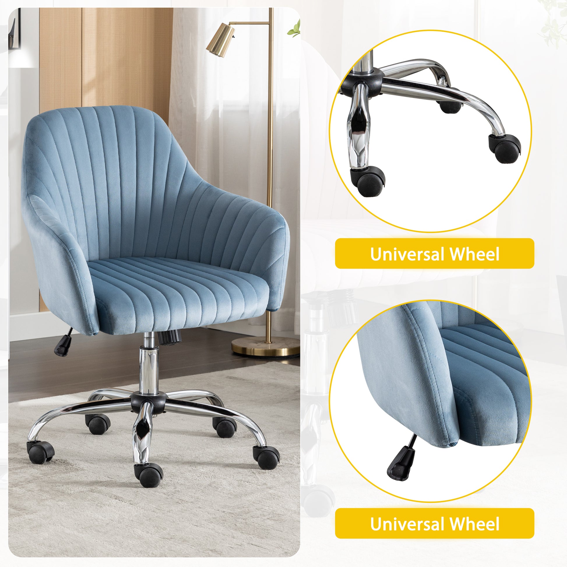 Accent Chair Modern Home Office Leisure Chair With Adjustable Velvet Height And Adjustable Casters Lightblue Light Blue Velvet Cotton