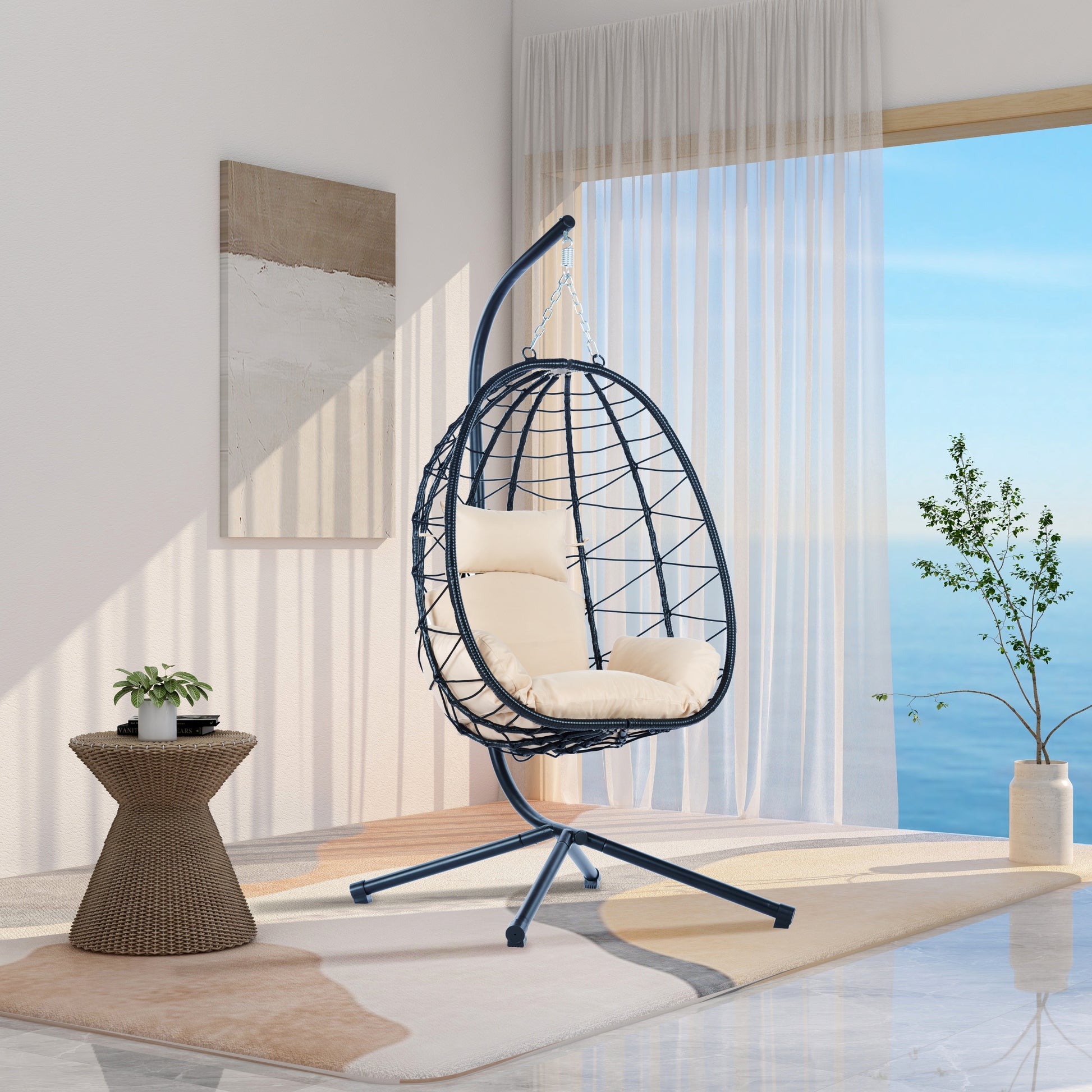 Egg Chair With Stand Indoor Outdoor Swing Chair Patio Wicker Hanging Egg Chair Hanging Basket Chair Hammock Chair With Stand For Bedroom Living Room Balcony Yes Sectional Beige Rust Resistant Frame Water Resistant Cushion Garden & Outdoor American Design