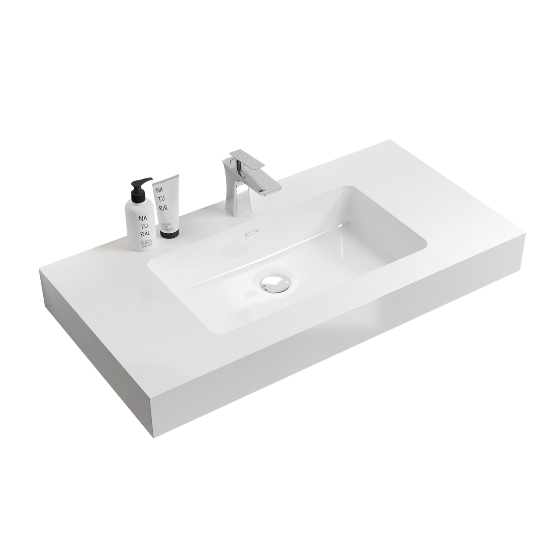 Bb02 36 101, Integrated Solid Surface Basin Without Drain And Faucet, Glossy White Color White Solid Surface