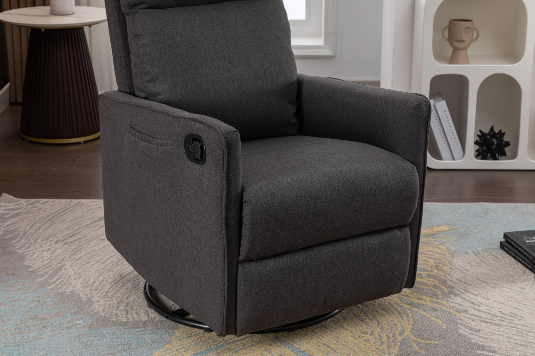 038 Cotton Linen Fabric Swivel Rocking Chair Glider dark gray-cotton-manual-handle-metal-primary