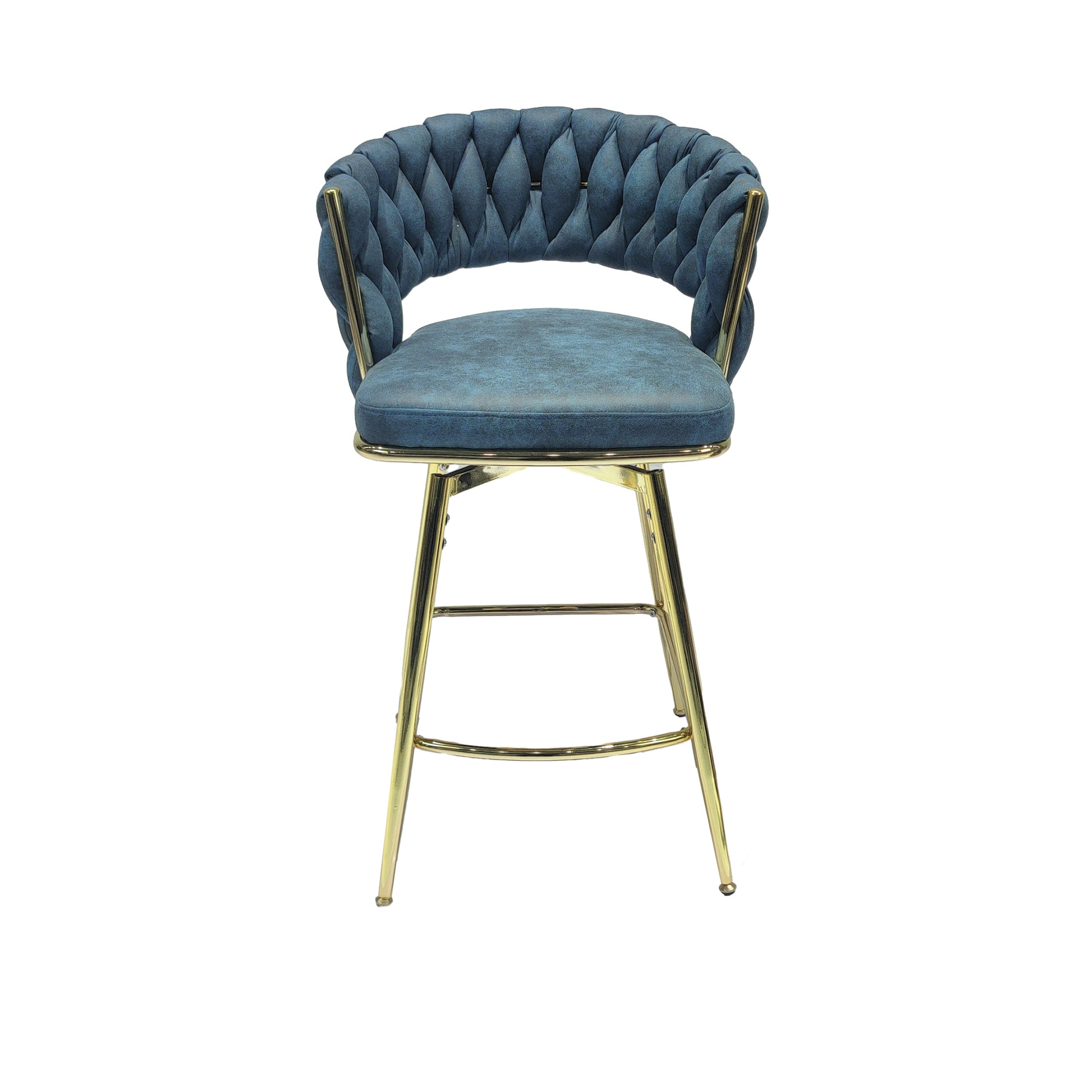 Bar Chair Suede Woven Bar Stool Set Of 2,Golden Legs Barstools No Adjustable Kitchen Island Chairs,360 Swivel Bar Stools Upholstered Bar Chair Counter Stool Arm Chairs With Back Footrest, Blue Metal Blue Kitchen Dining Chairs Foam Technical Leather