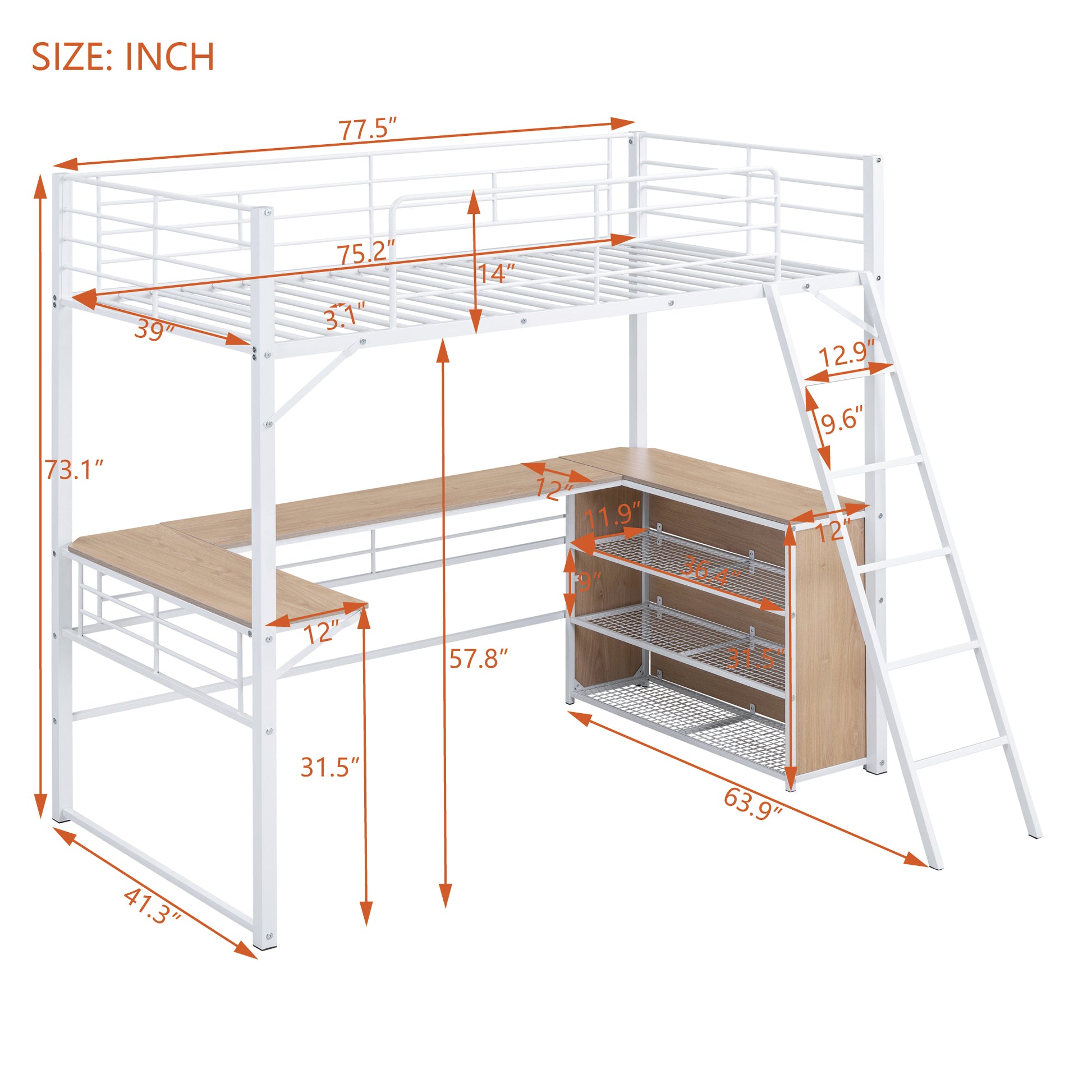 Twin Size Metal Loft Bed With 3 Layers Of Shelves And L Shaped Desk, White White Metal