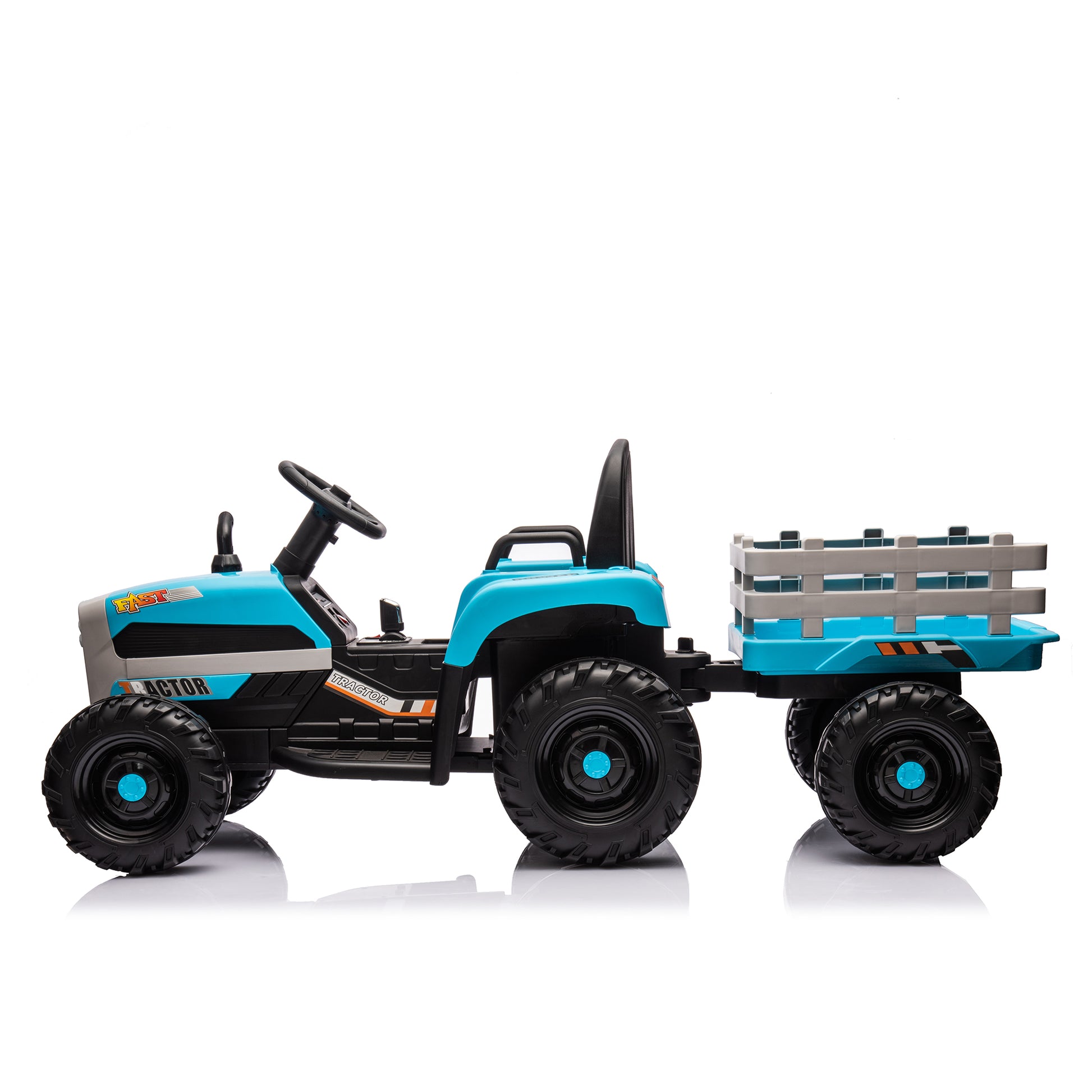 Ride On Tractor With Trailer,24V Battery Powered Electric Tractor Toy, 200W*2Motor 1.86 4.97Mph Remote Control,Electric Car For Kids,Three Speed Adjustable,Usb,Mp3 ,Bluetooth,Led Light, Safety Belt Blue Plastic